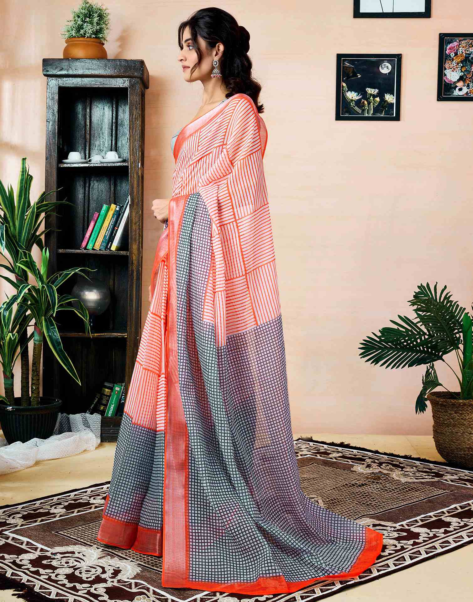 Ready To Wear Orange Linen Printed Saree With Pocket