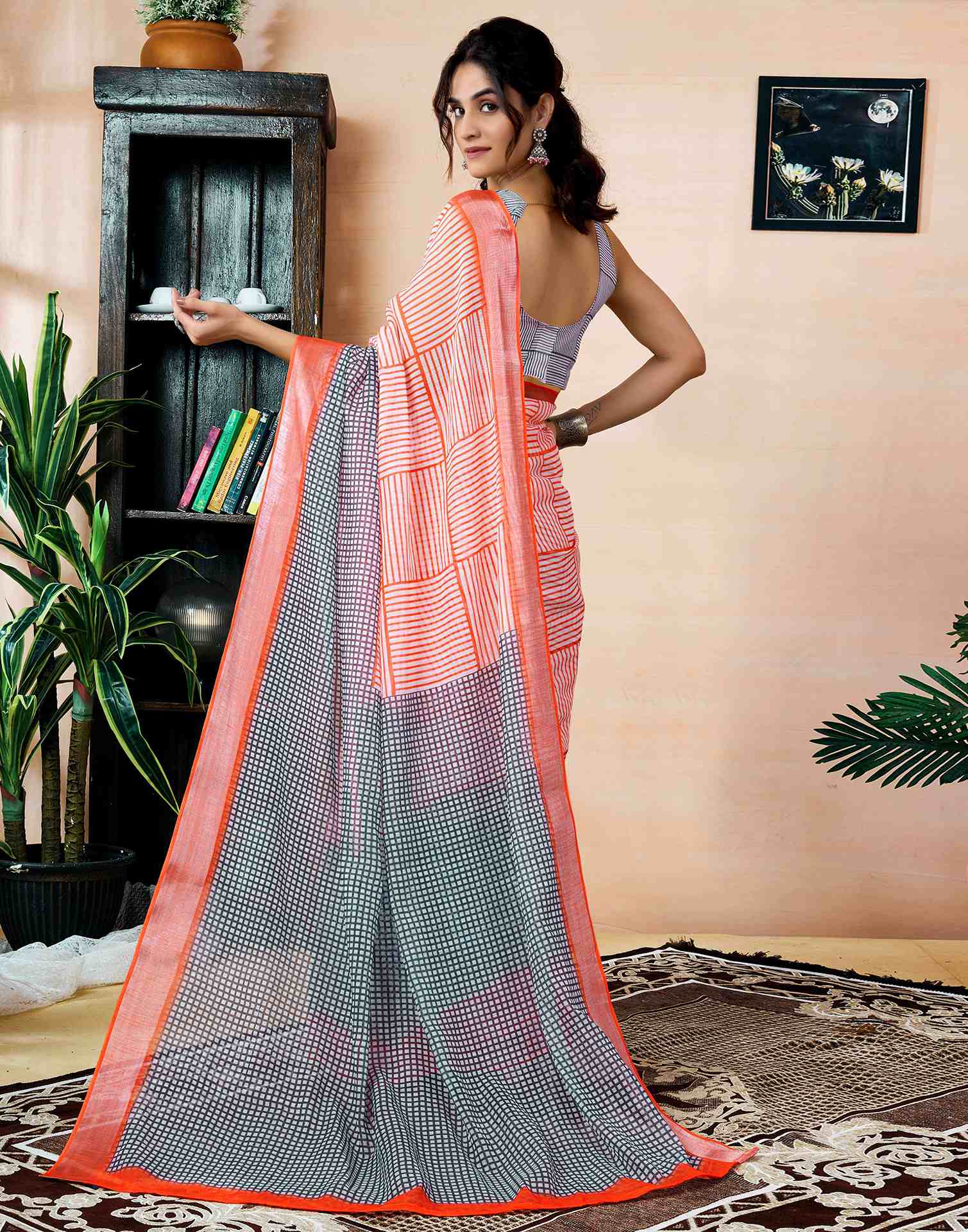 Ready To Wear Orange Linen Printed Saree With Pocket