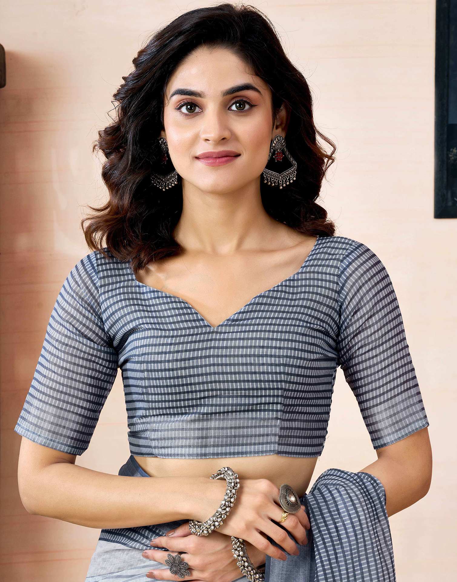 Ready to Wear Grey Linen Printed Saree With Pocket