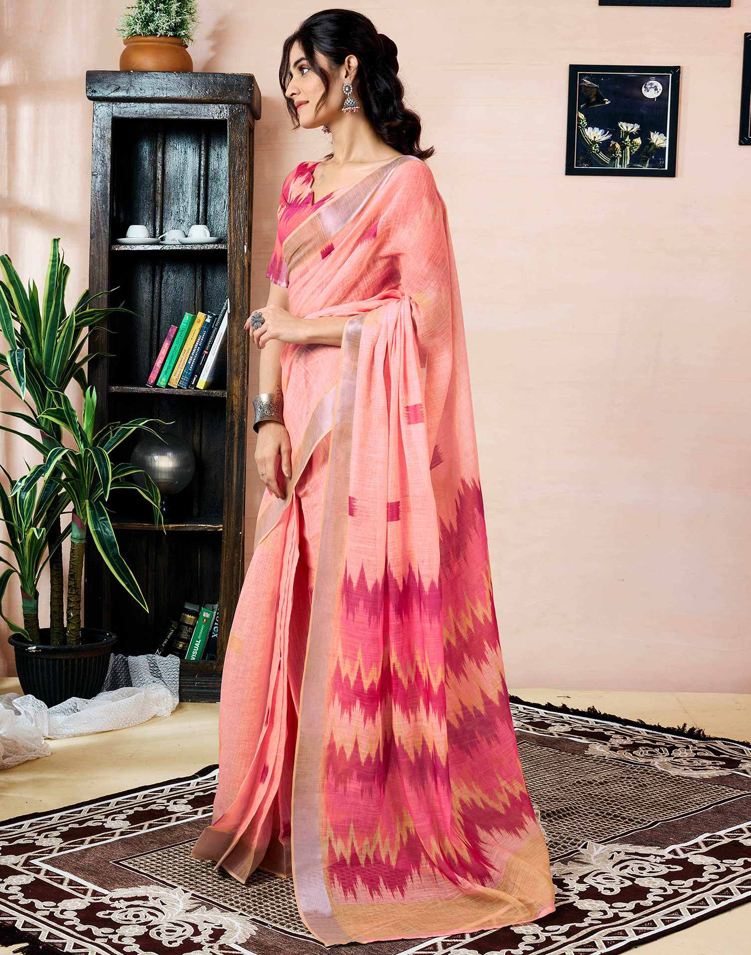 Ready to Wear Peach Linen Printed Saree