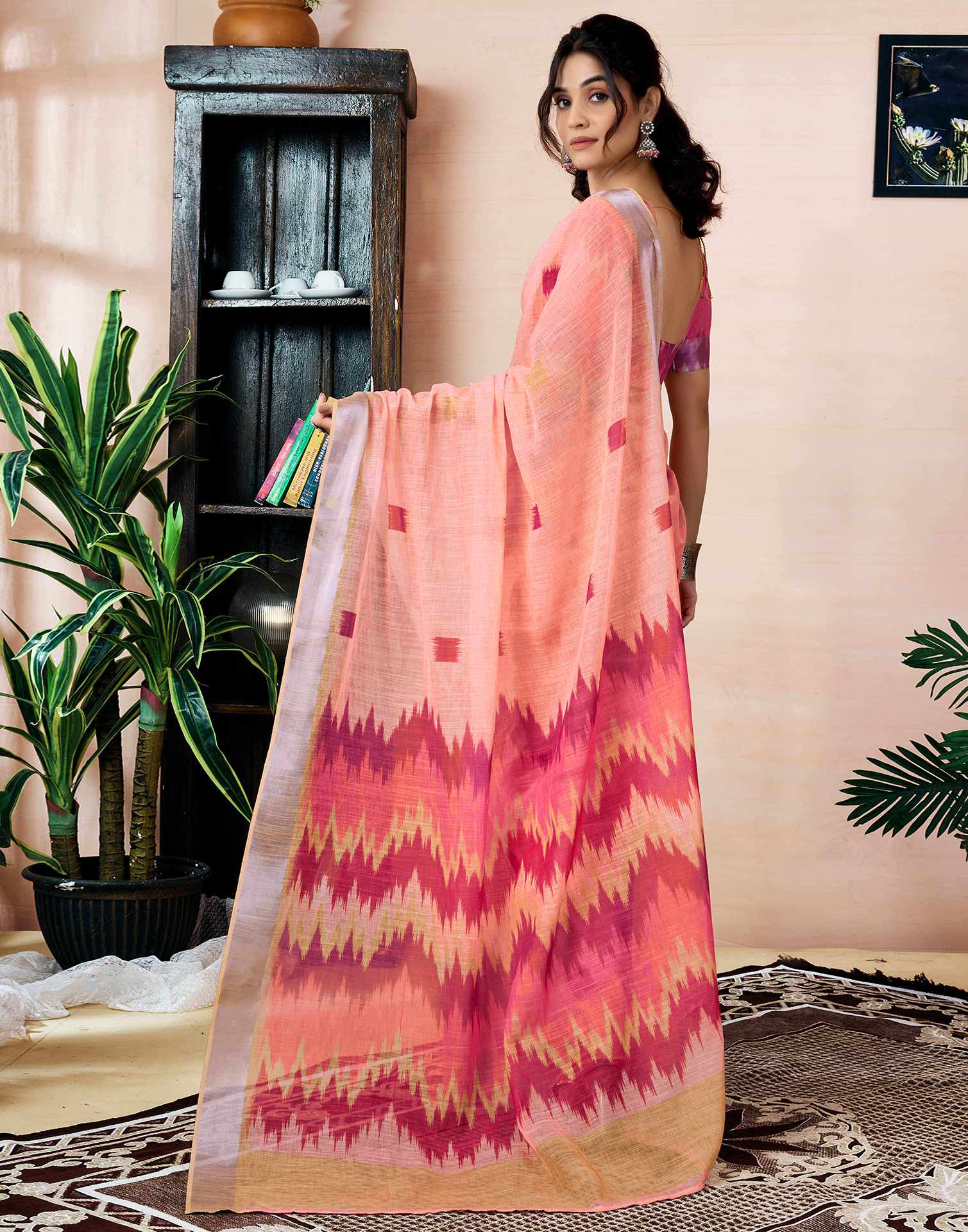 Ready to Wear Peach Linen Printed Saree