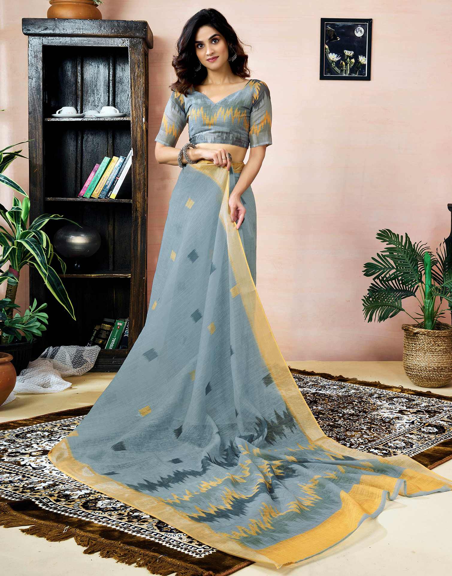 Ready To Wear Grey Linen Printed Saree With Pocket