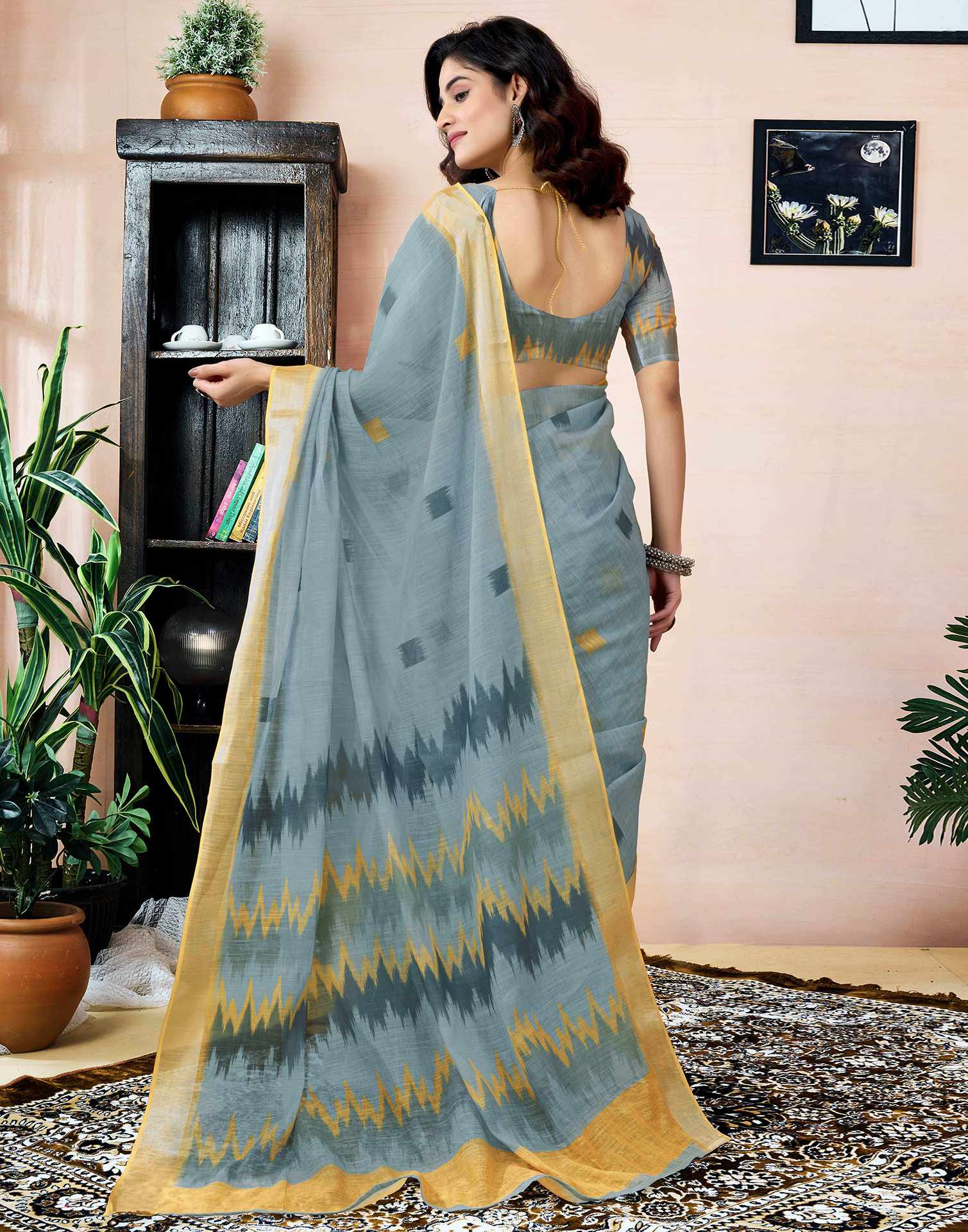 Ready To Wear Grey Linen Printed Saree With Pocket