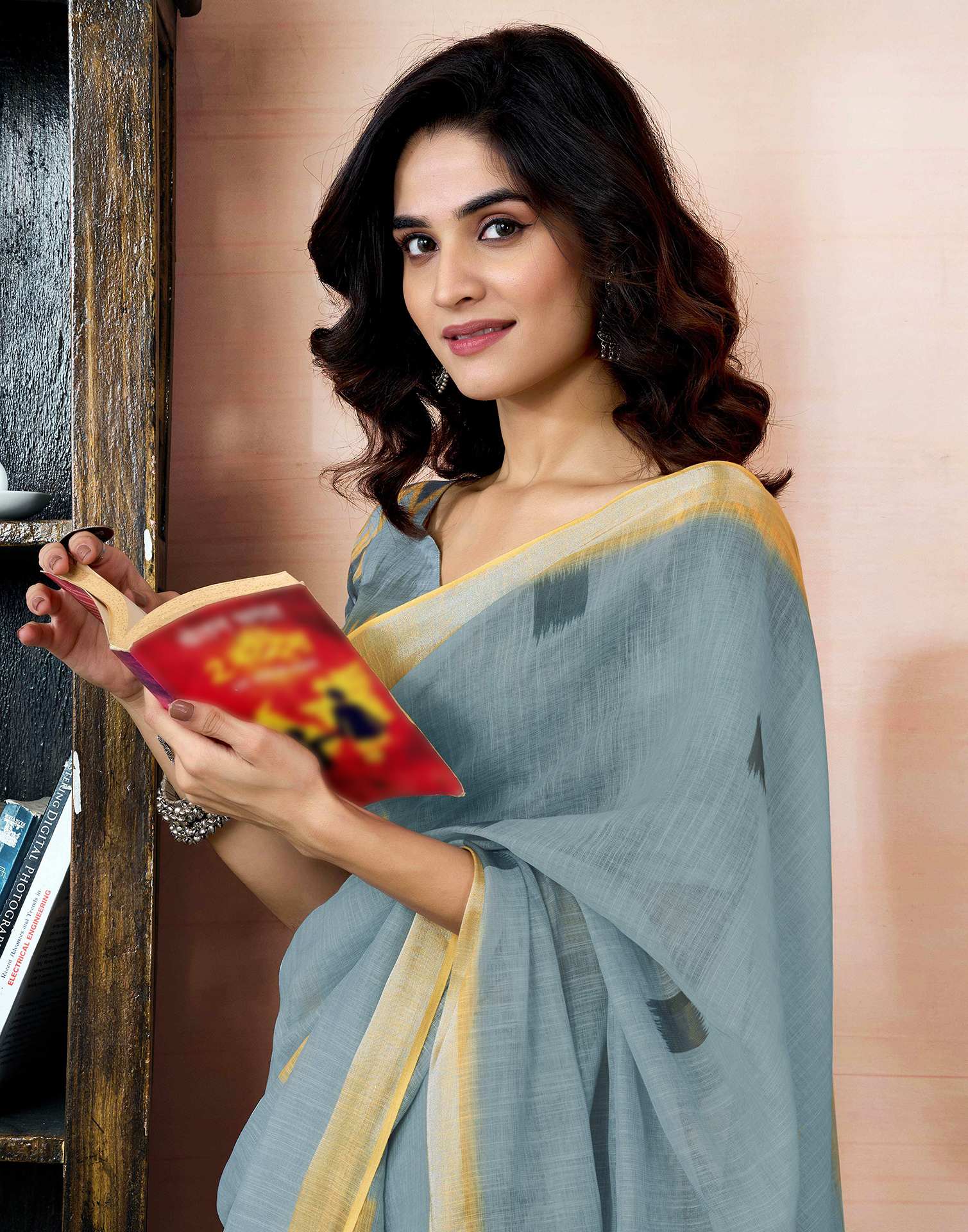 Ready To Wear Grey Linen Printed Saree With Pocket