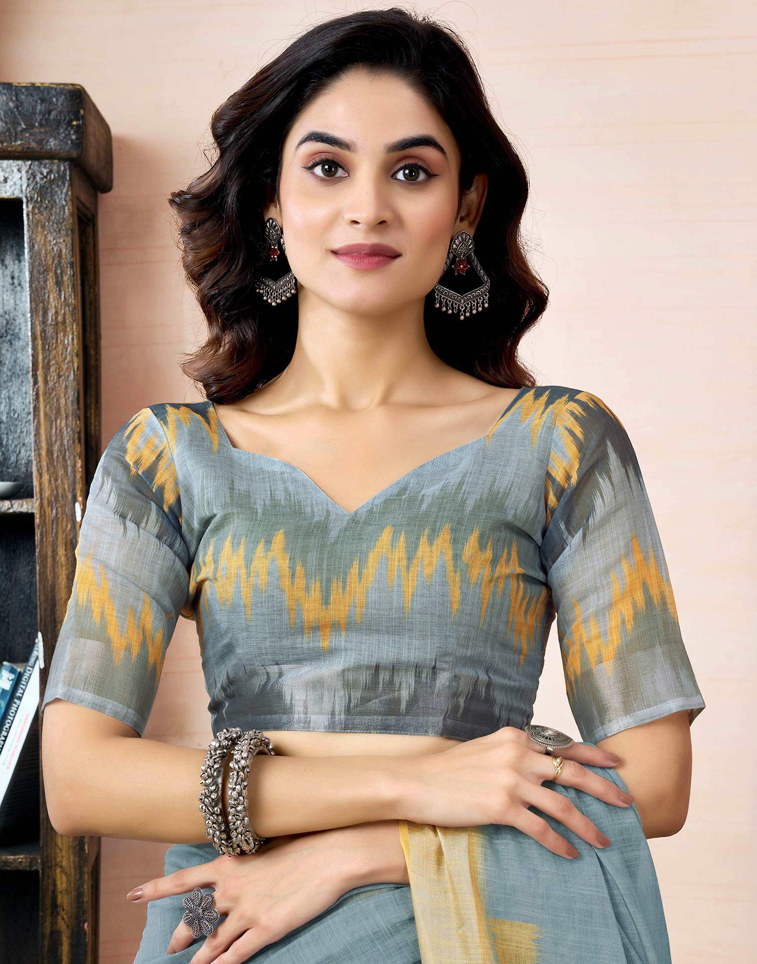 Ready To Wear Grey Linen Printed Saree With Pocket