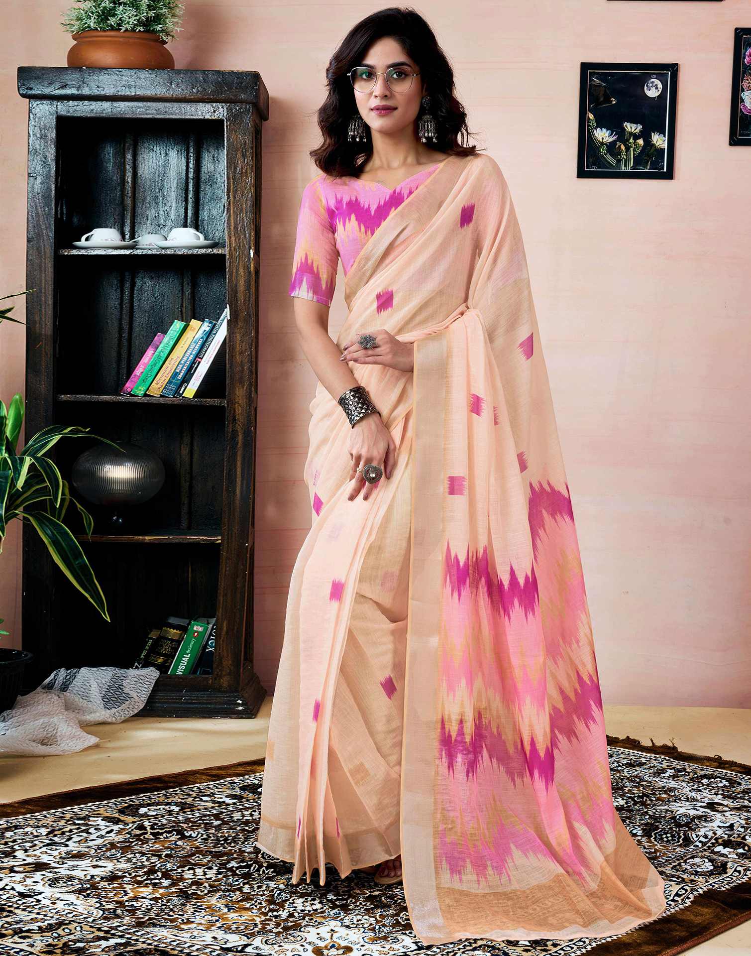Ready To Wear Cream Linen Printed Saree With Pocket