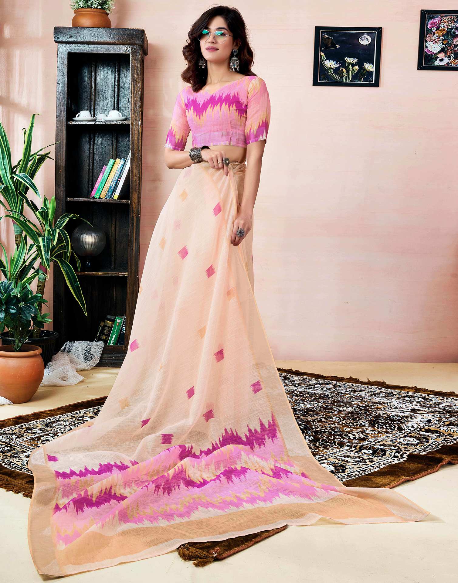 Ready To Wear Cream Linen Printed Saree With Pocket