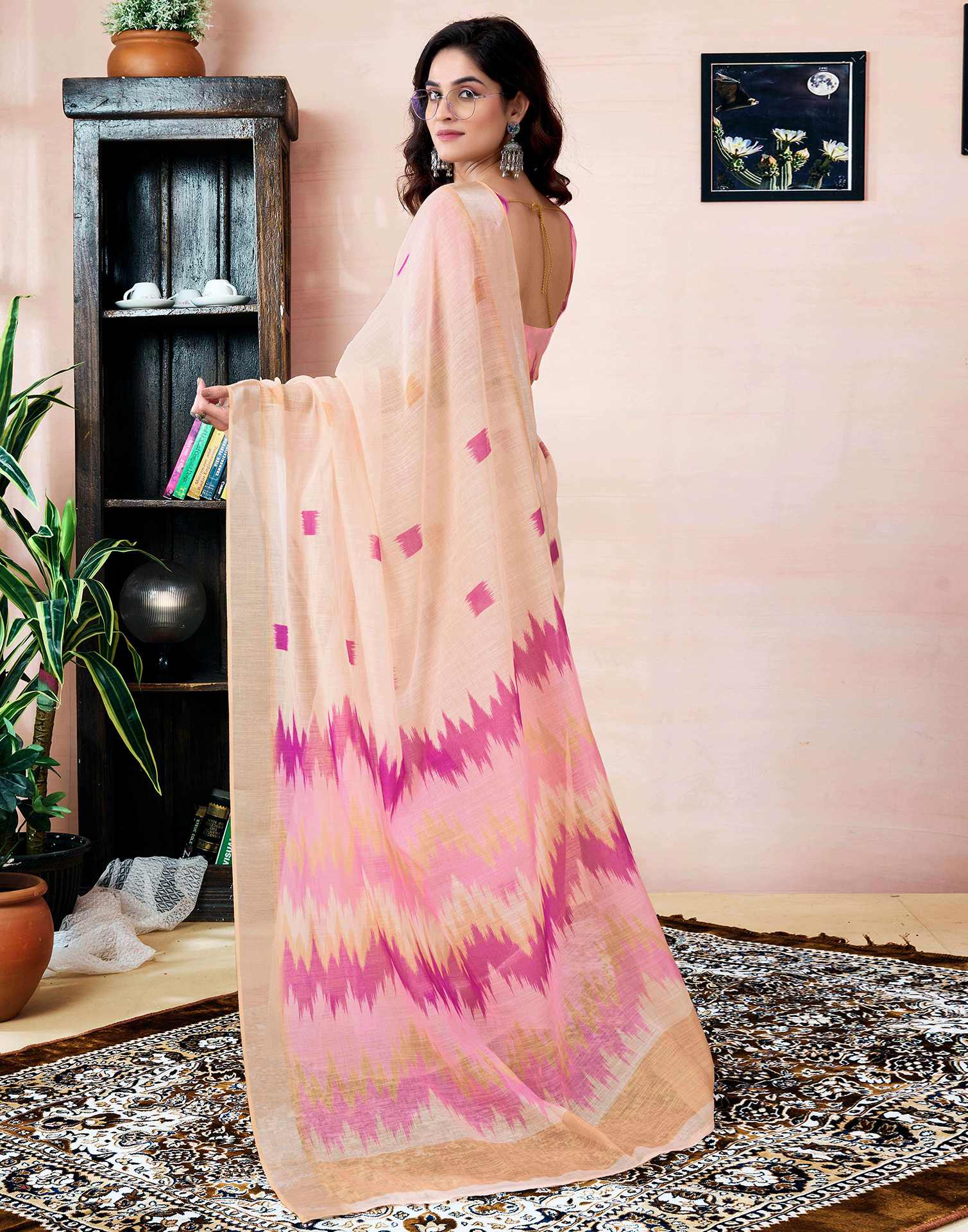 Ready To Wear Cream Linen Printed Saree With Pocket