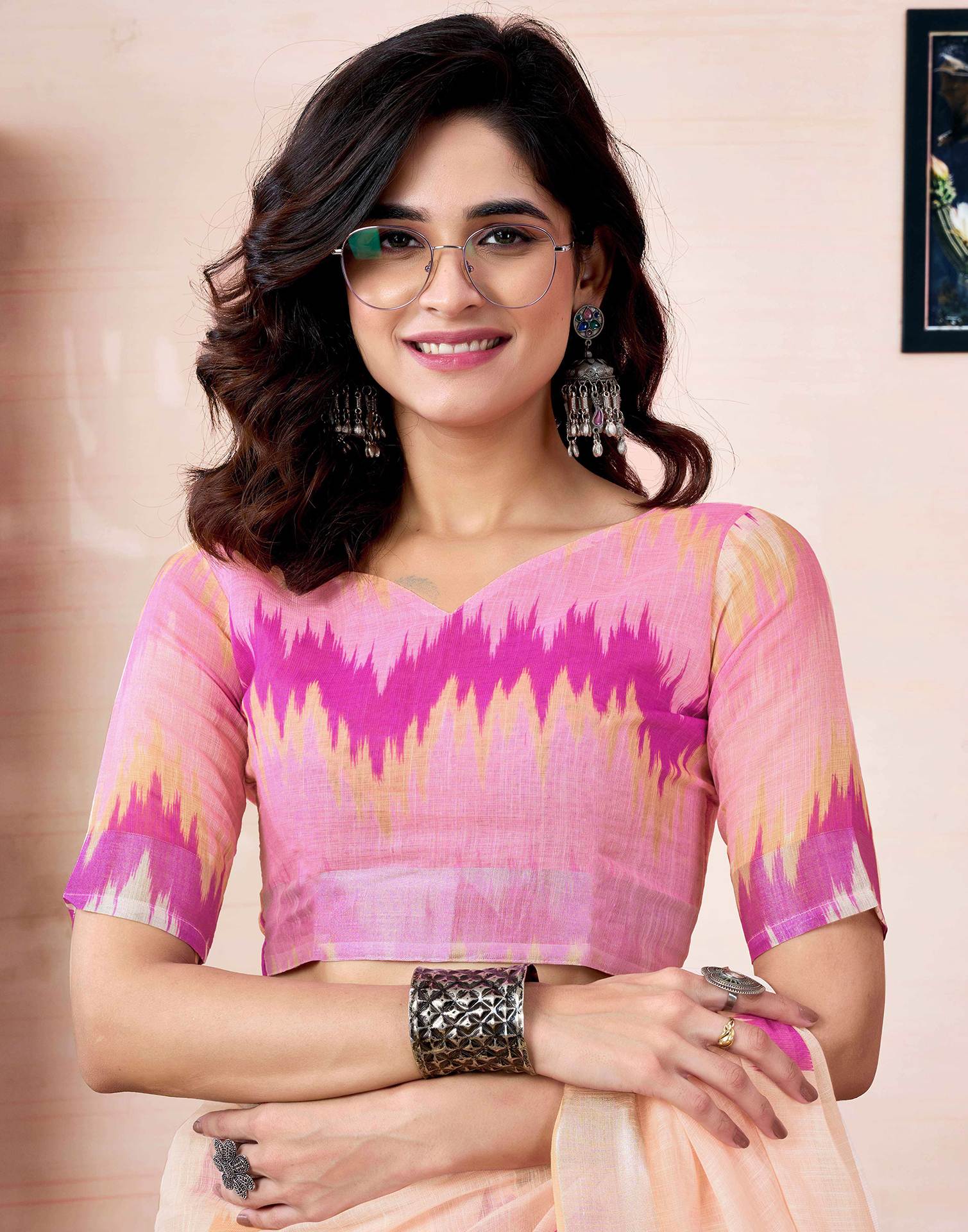 Ready To Wear Cream Linen Printed Saree With Pocket