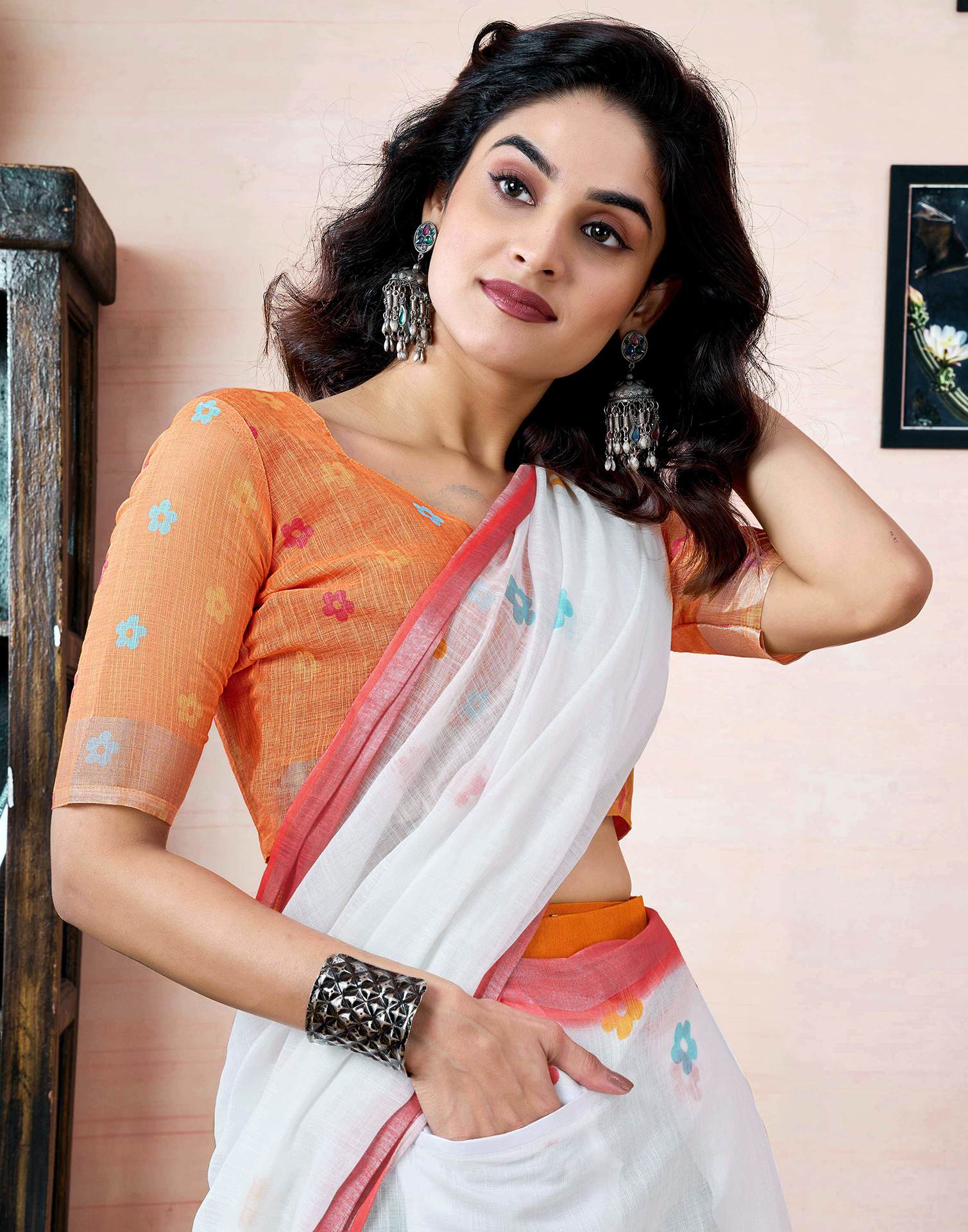 Ready to Wear White Linen Printed Saree