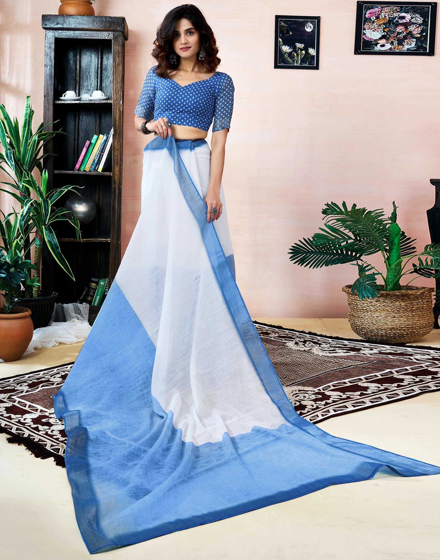 Ready to Wear Blue Linen Printed Saree