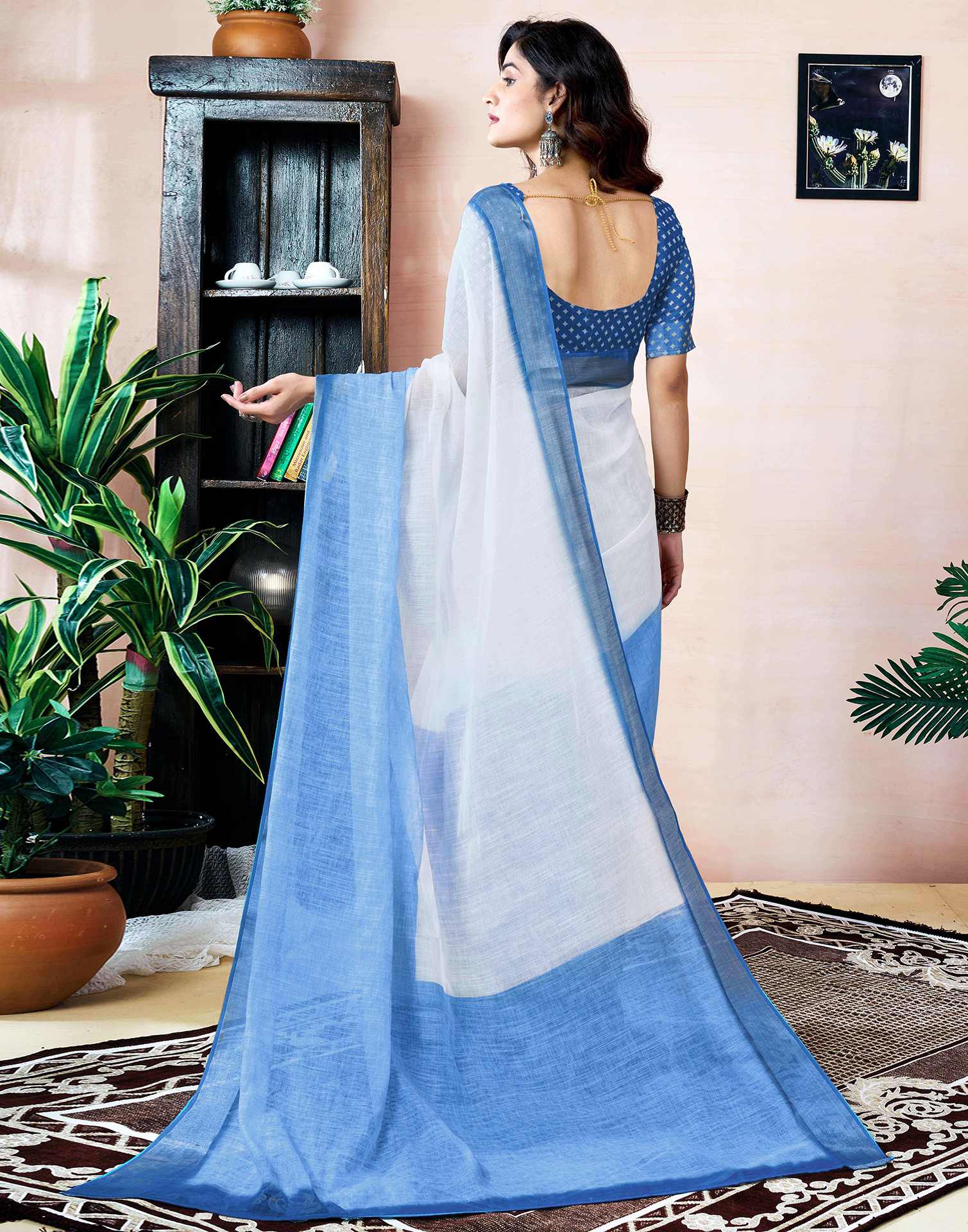 Ready to Wear Blue Linen Printed Saree