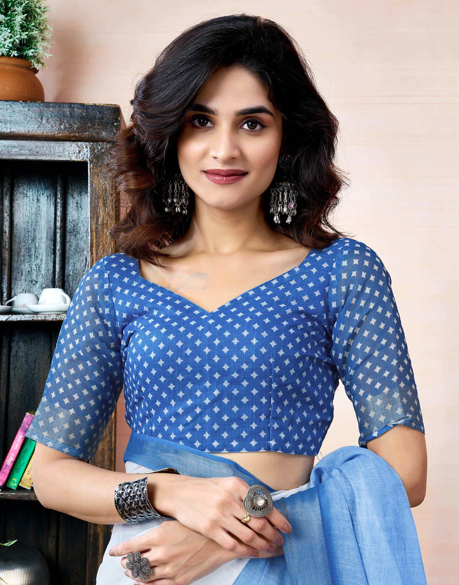 Ready to Wear Blue Linen Printed Saree