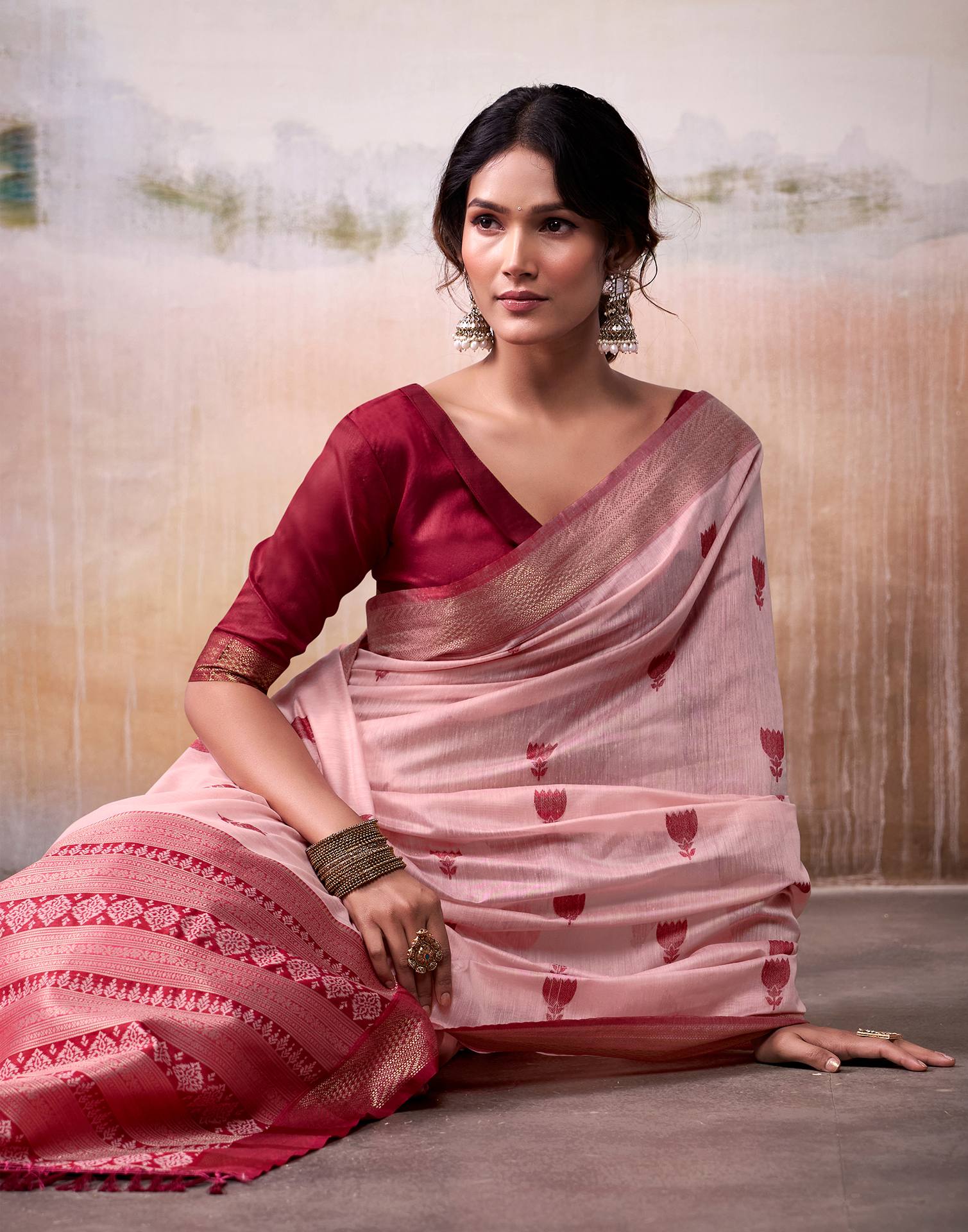 Pink Cotton Woven Saree