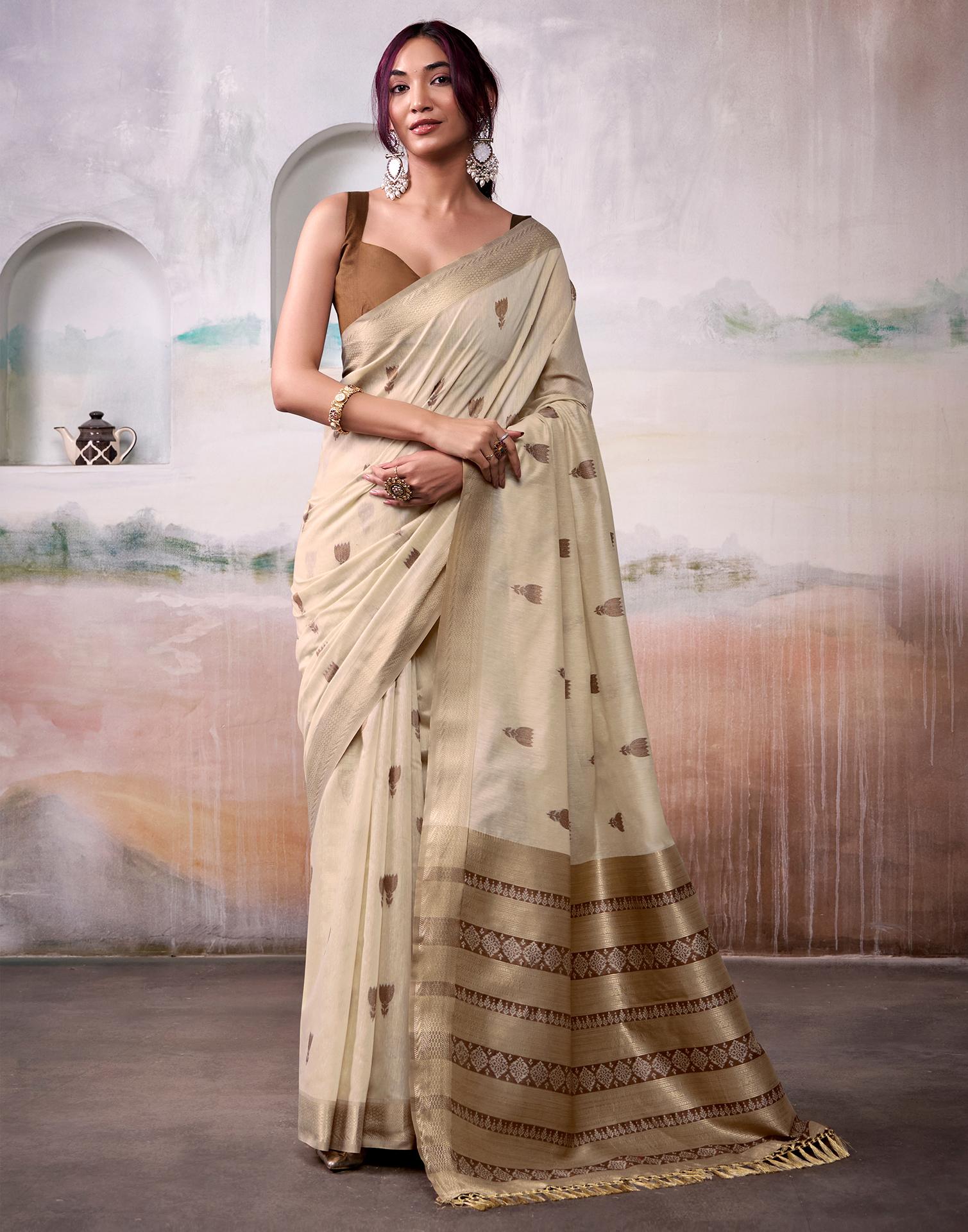 Beige Cotton Woven Saree