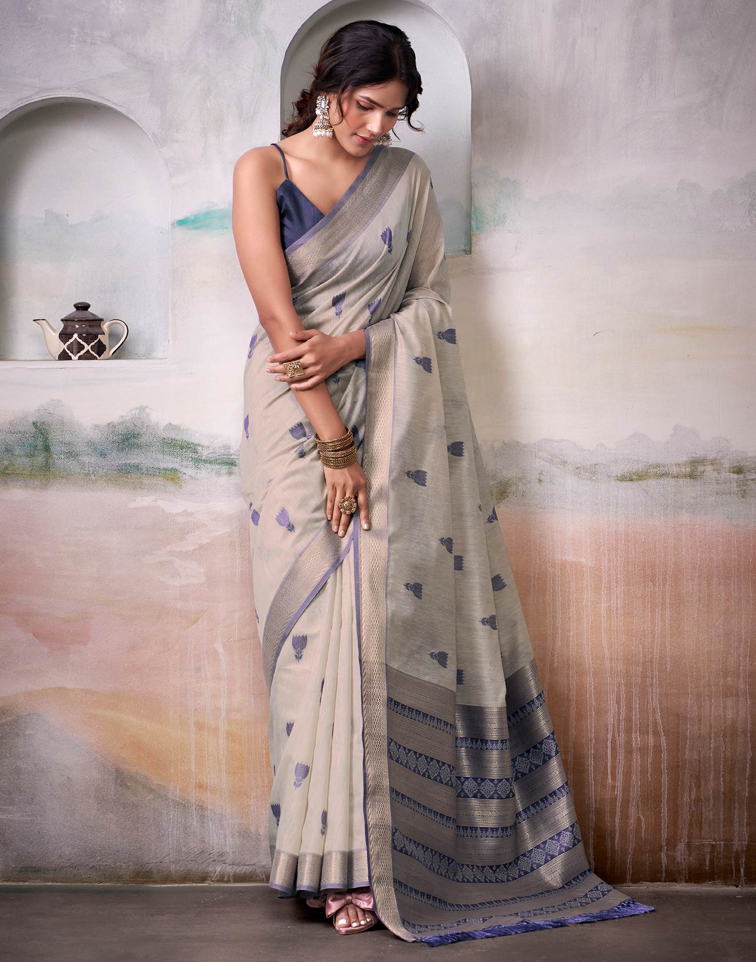 Off-White Cotton Woven Saree