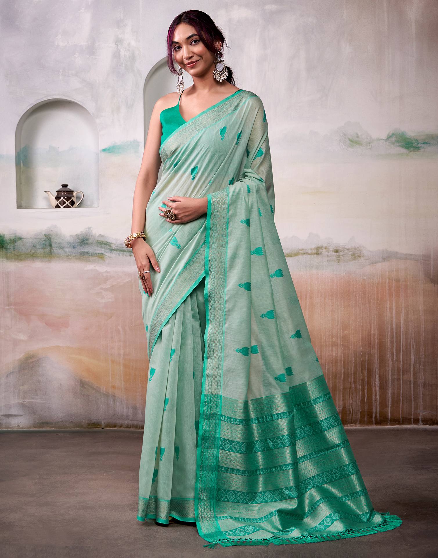 Sea Green Cotton Woven Saree