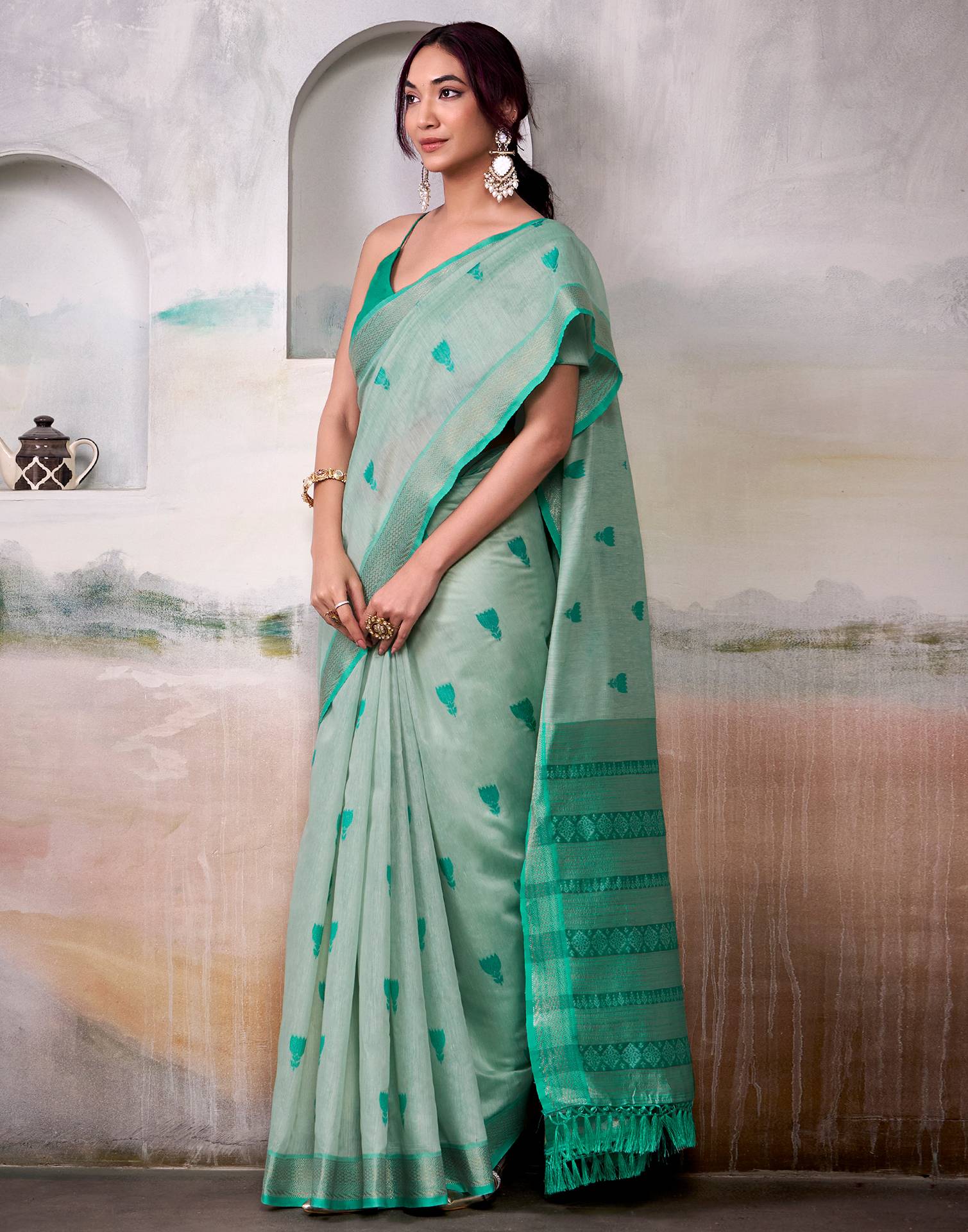 Sea Green Cotton Woven Saree