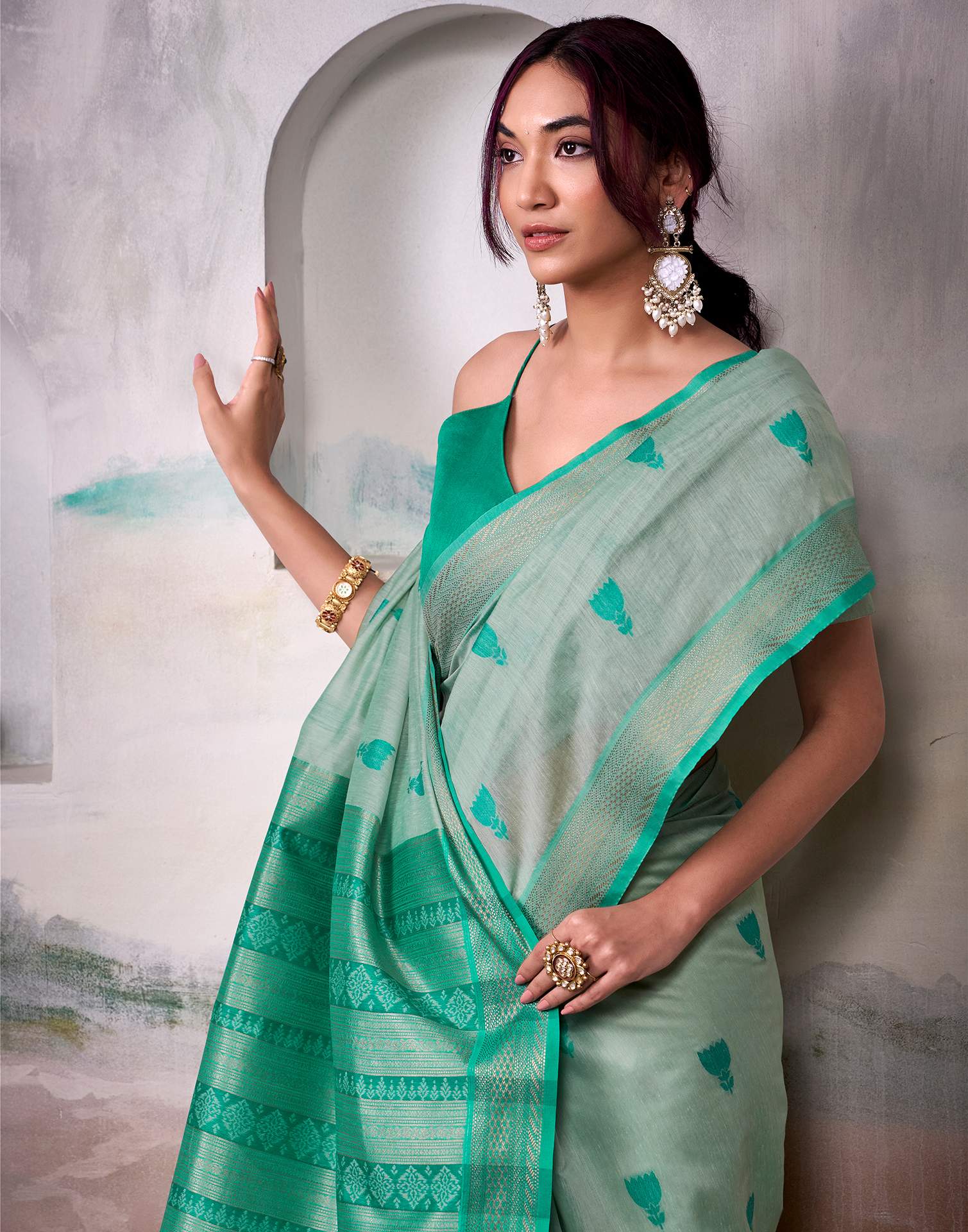 Sea Green Cotton Woven Saree