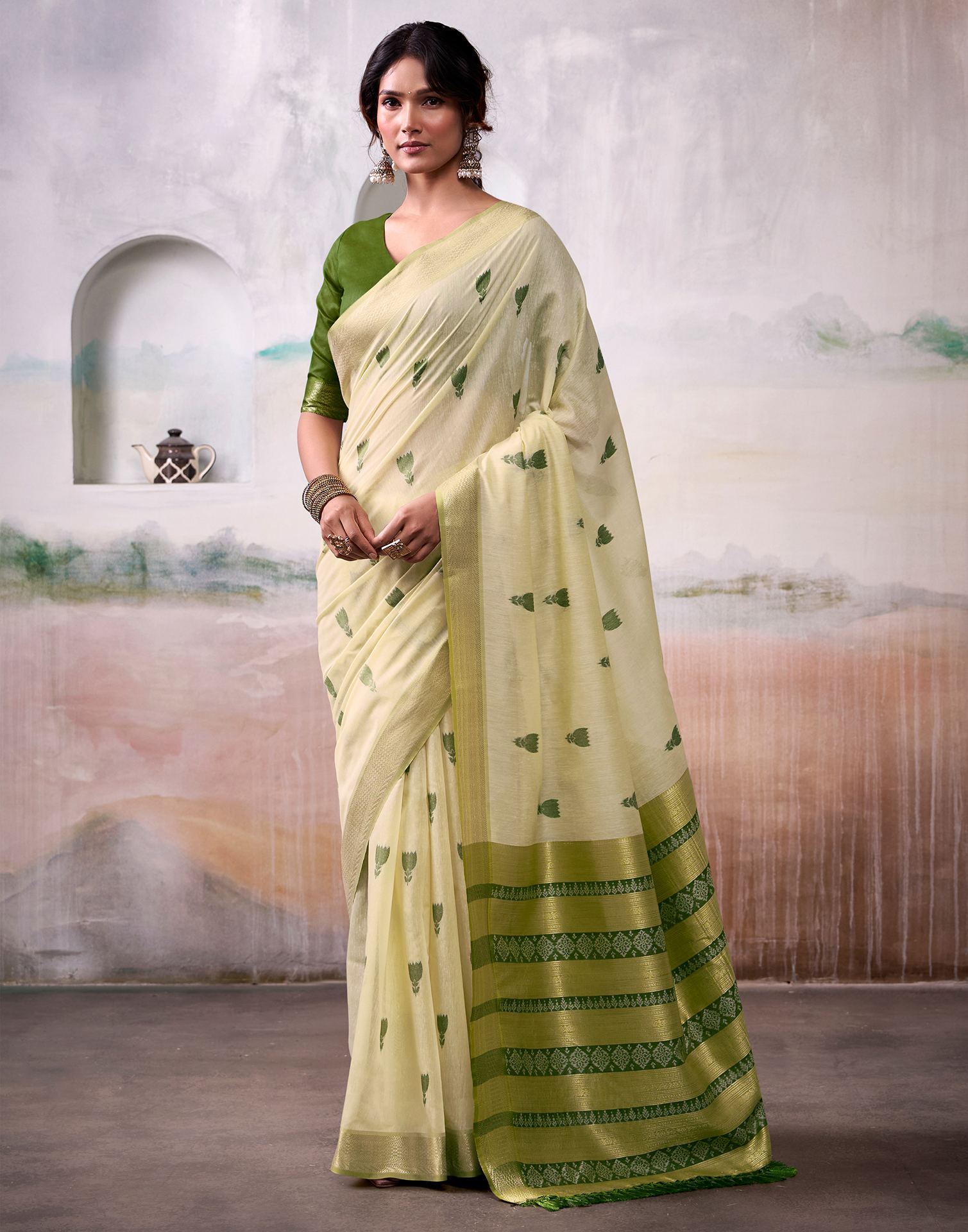 Light Yellow Cotton Woven Saree