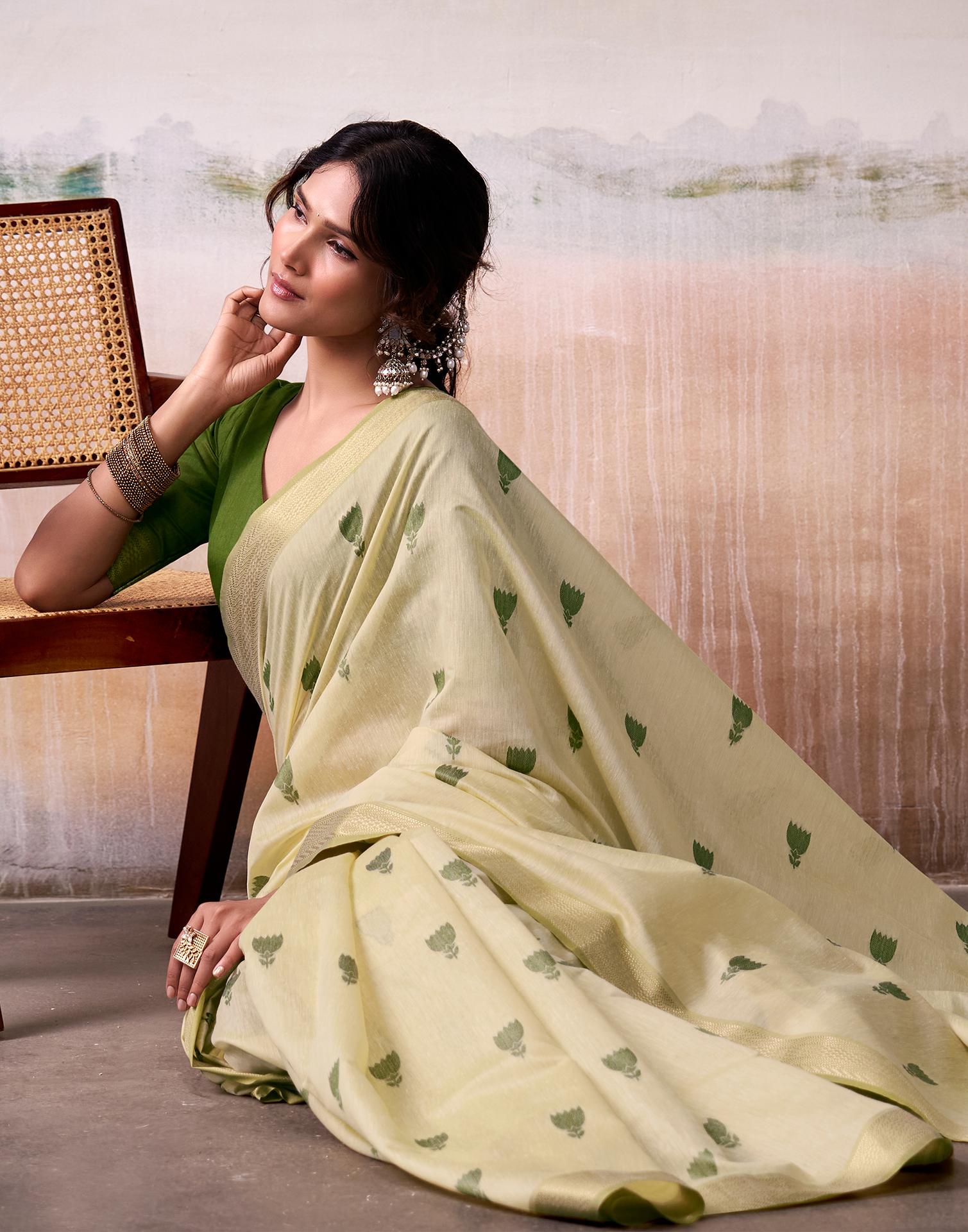 Light Yellow Cotton Woven Saree