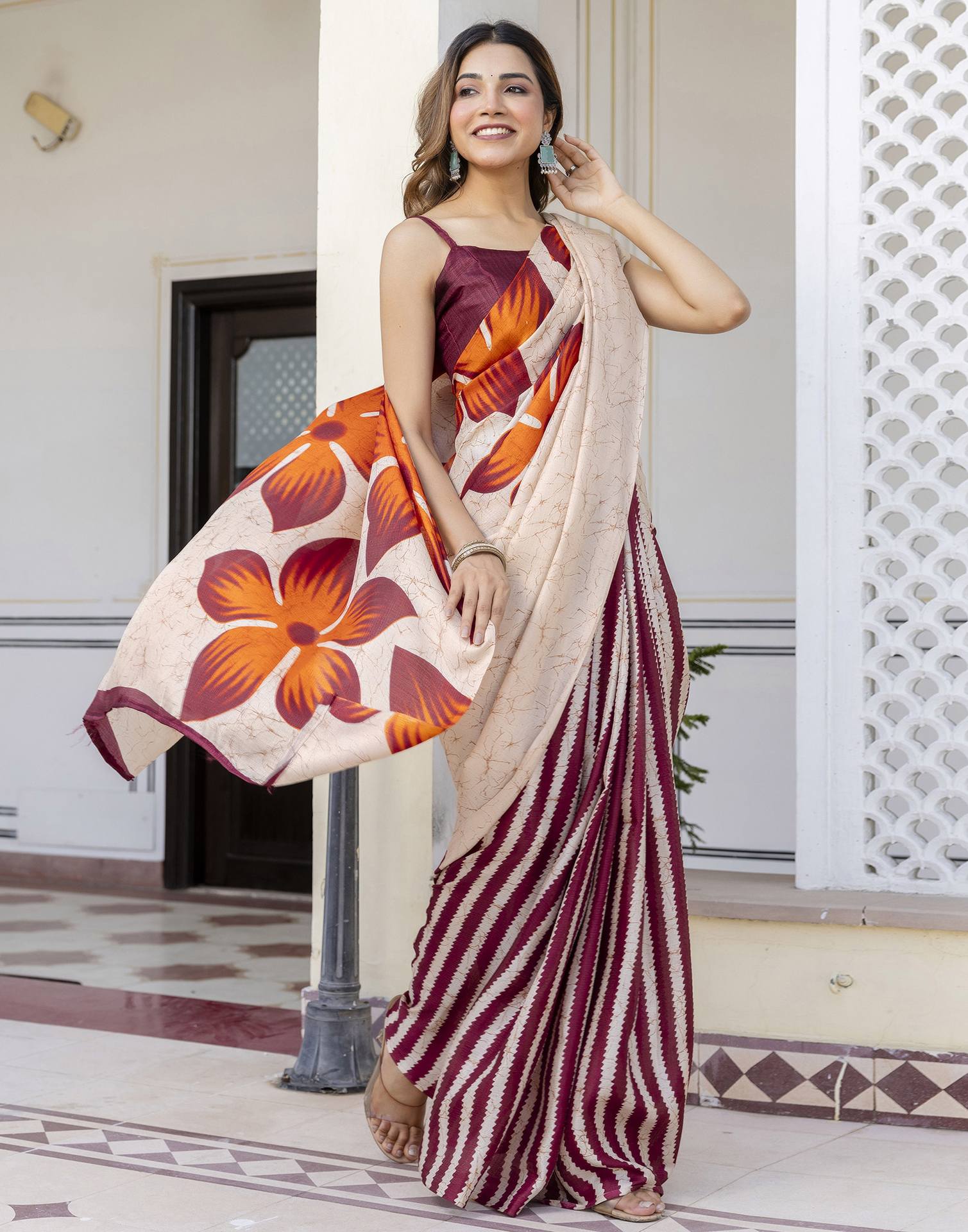 Cream Khadi Printed Saree