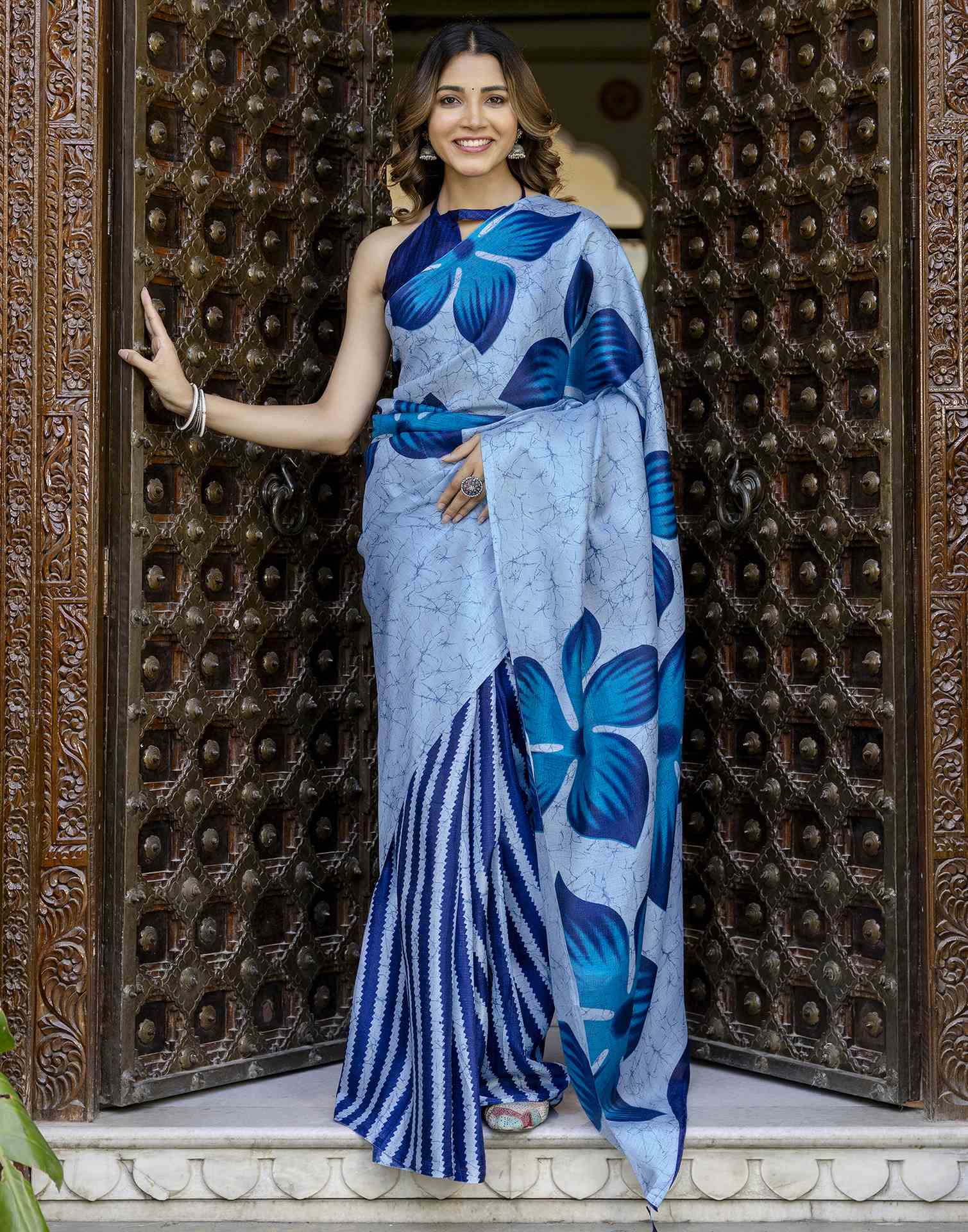 Sky Blue Khadi Printed Saree