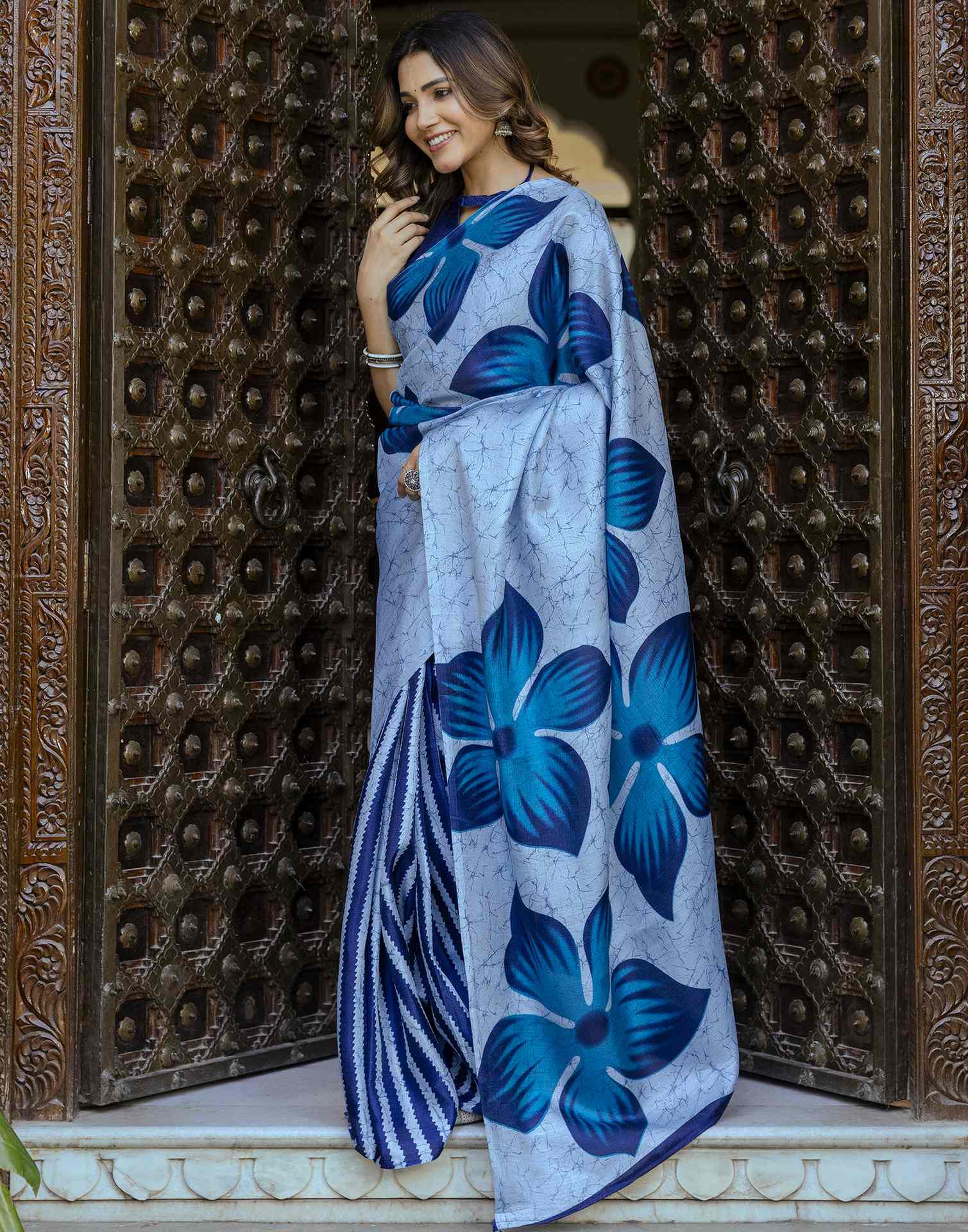 Sky Blue Khadi Printed Saree