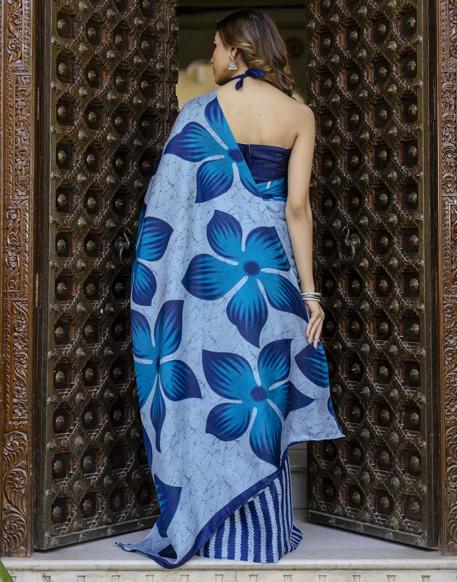 Sky Blue Khadi Printed Saree
