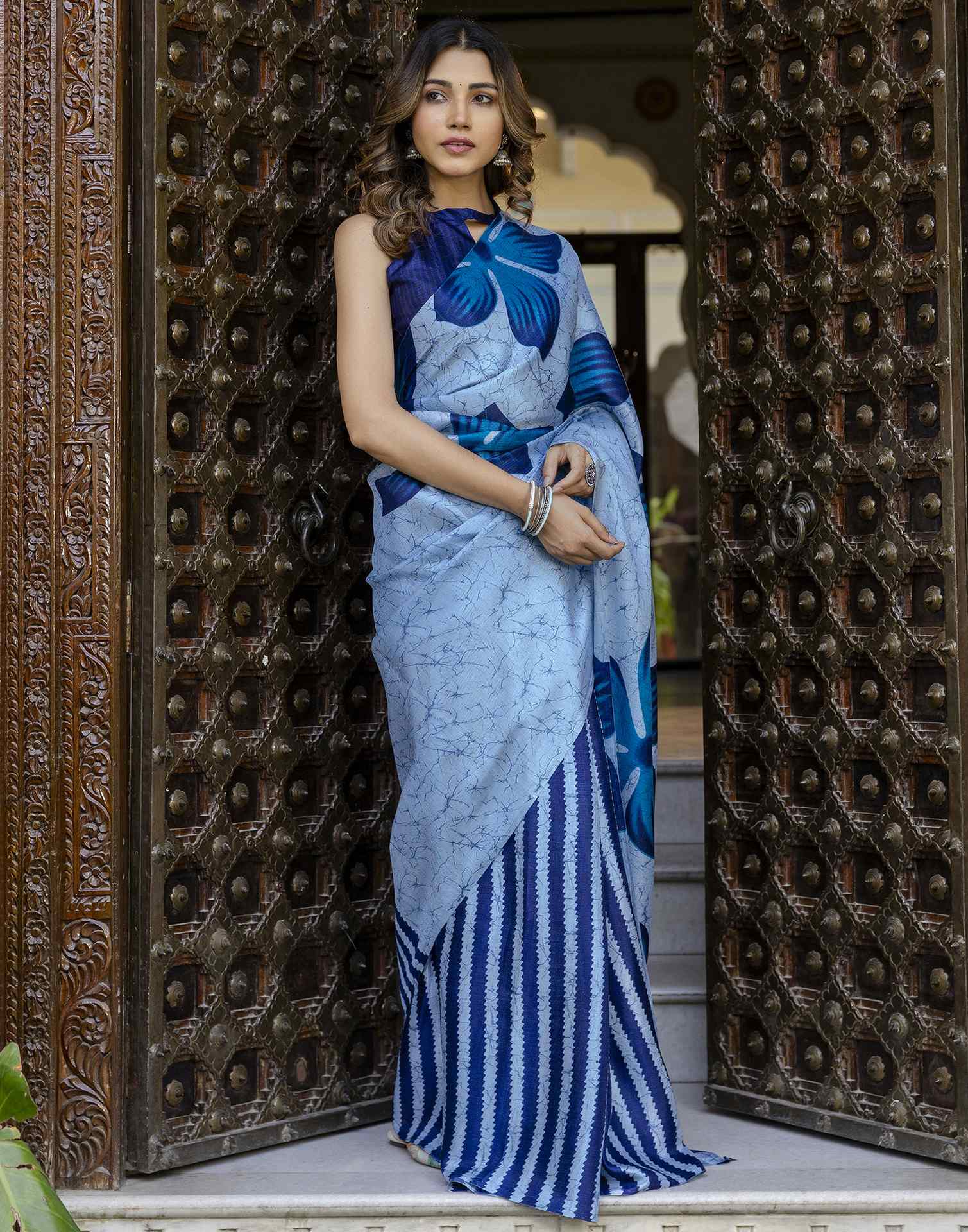 Sky Blue Khadi Printed Saree
