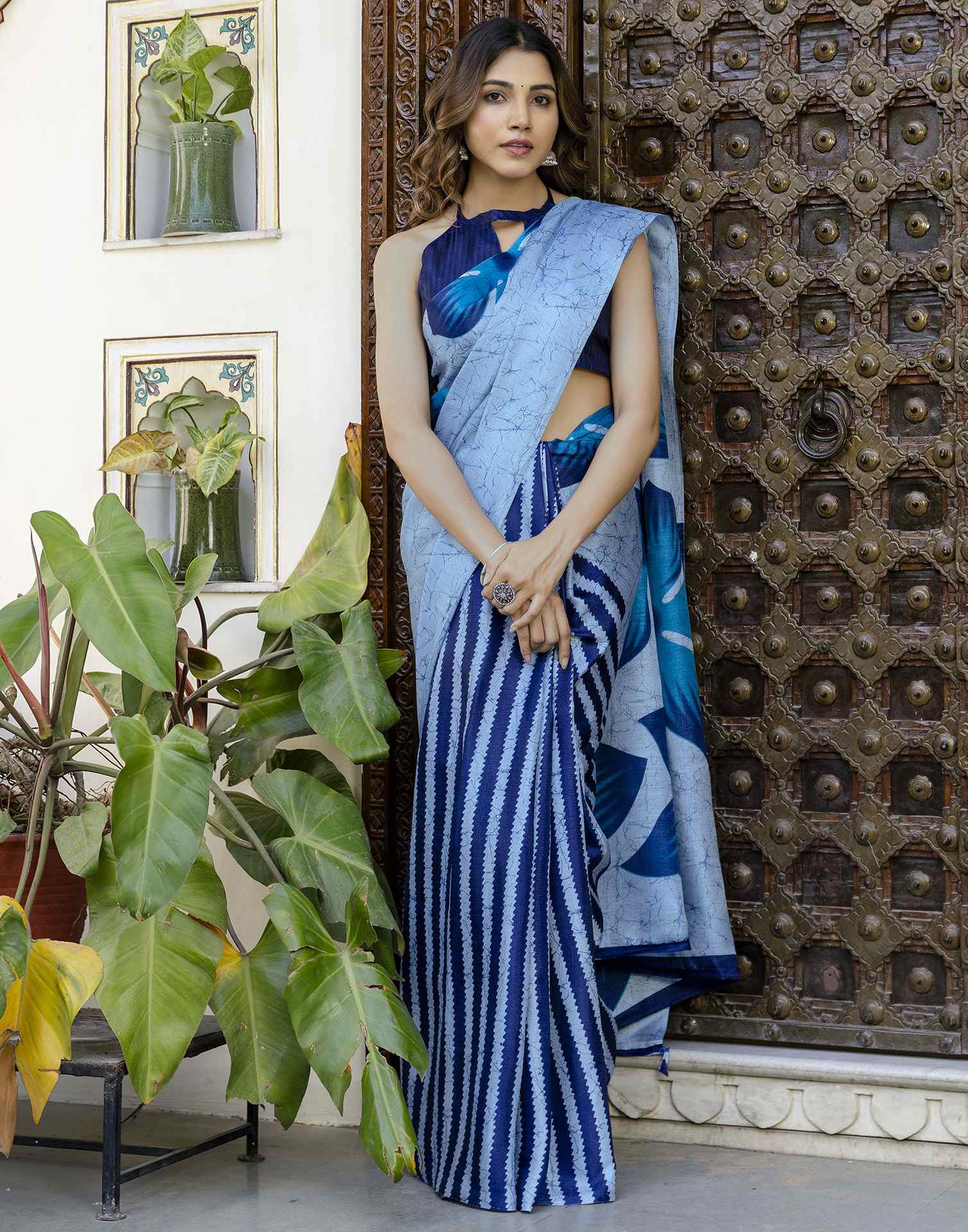 Sky Blue Khadi Printed Saree