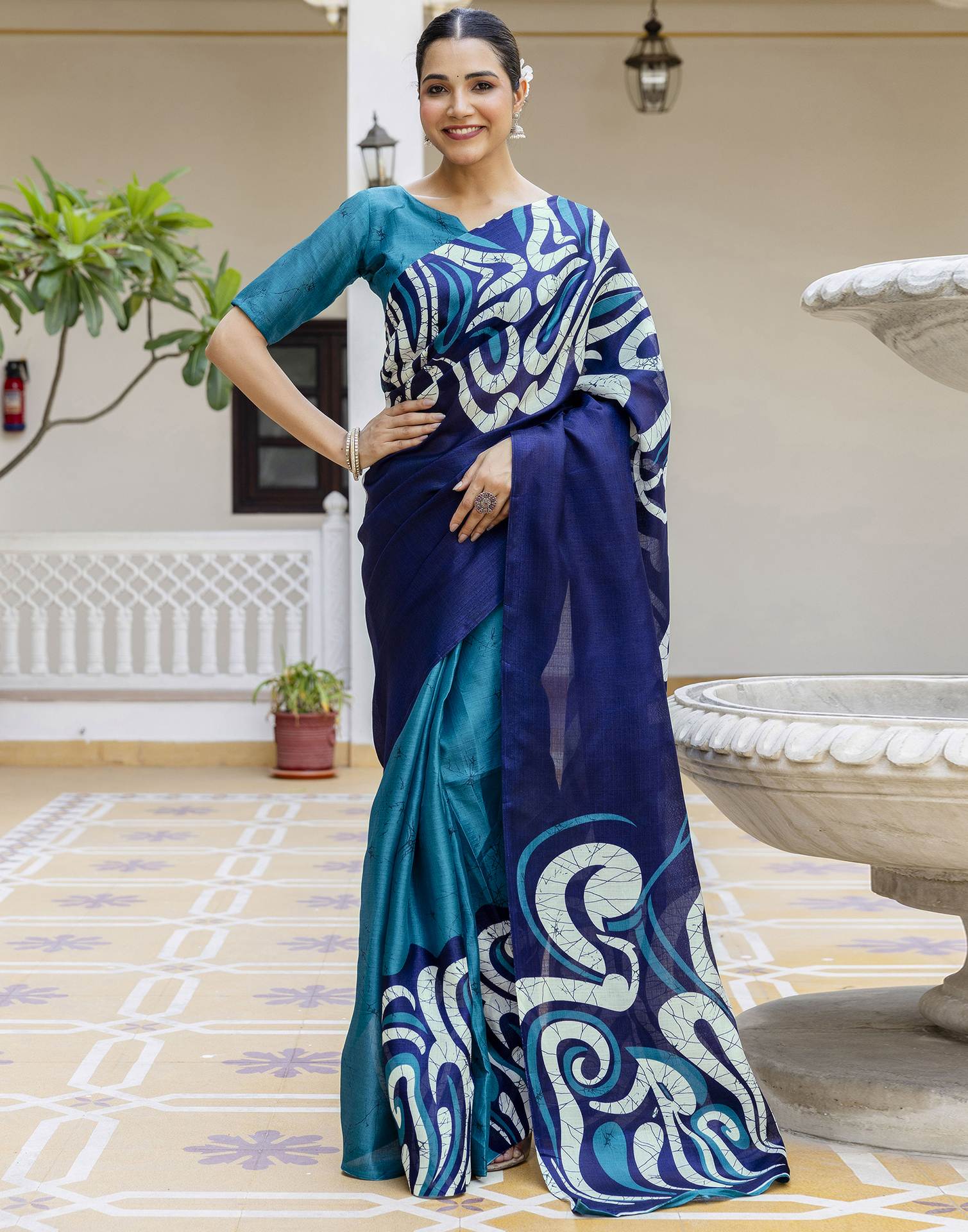 Teal Blue Khadi Printed Saree
