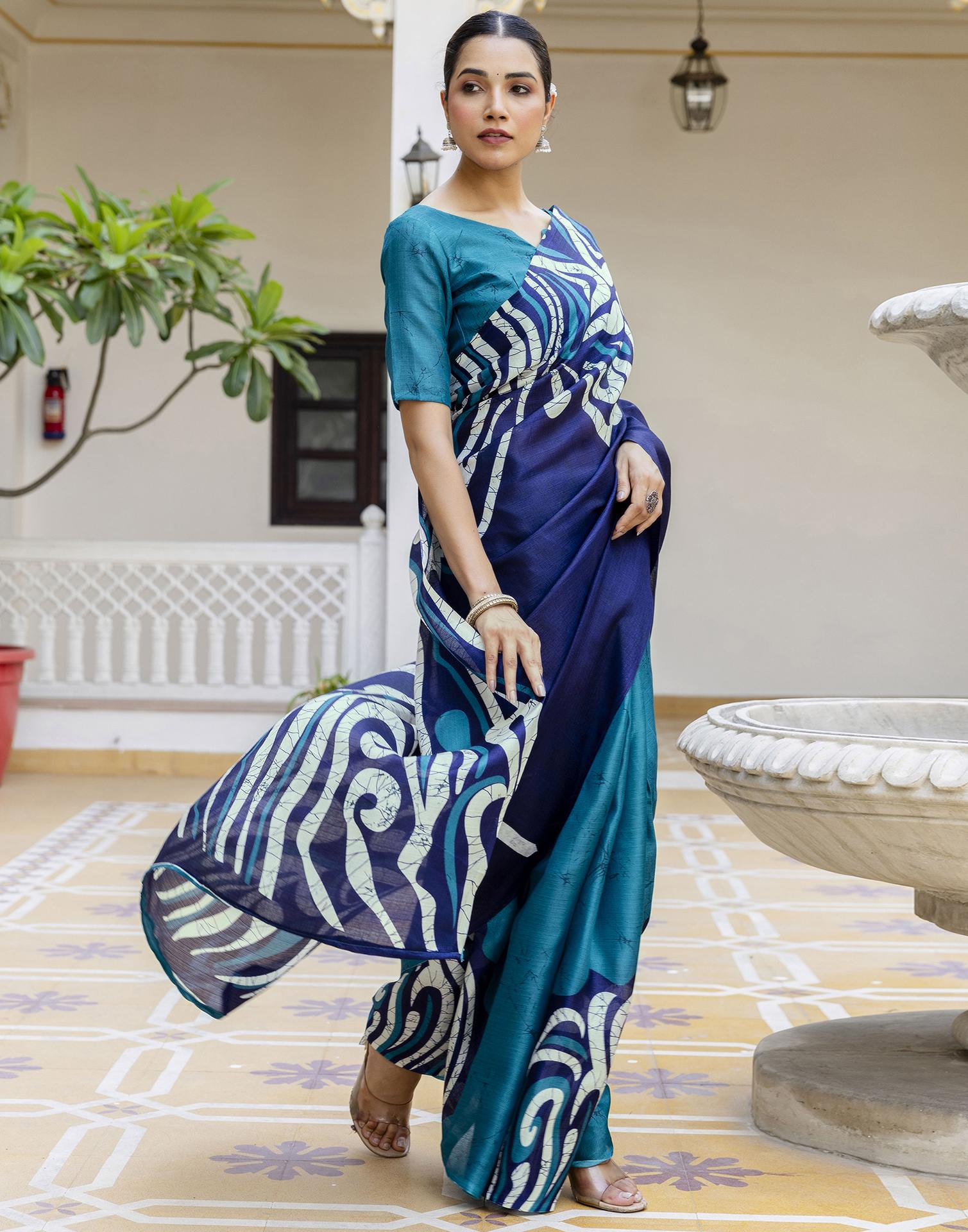 Teal Blue Khadi Printed Saree