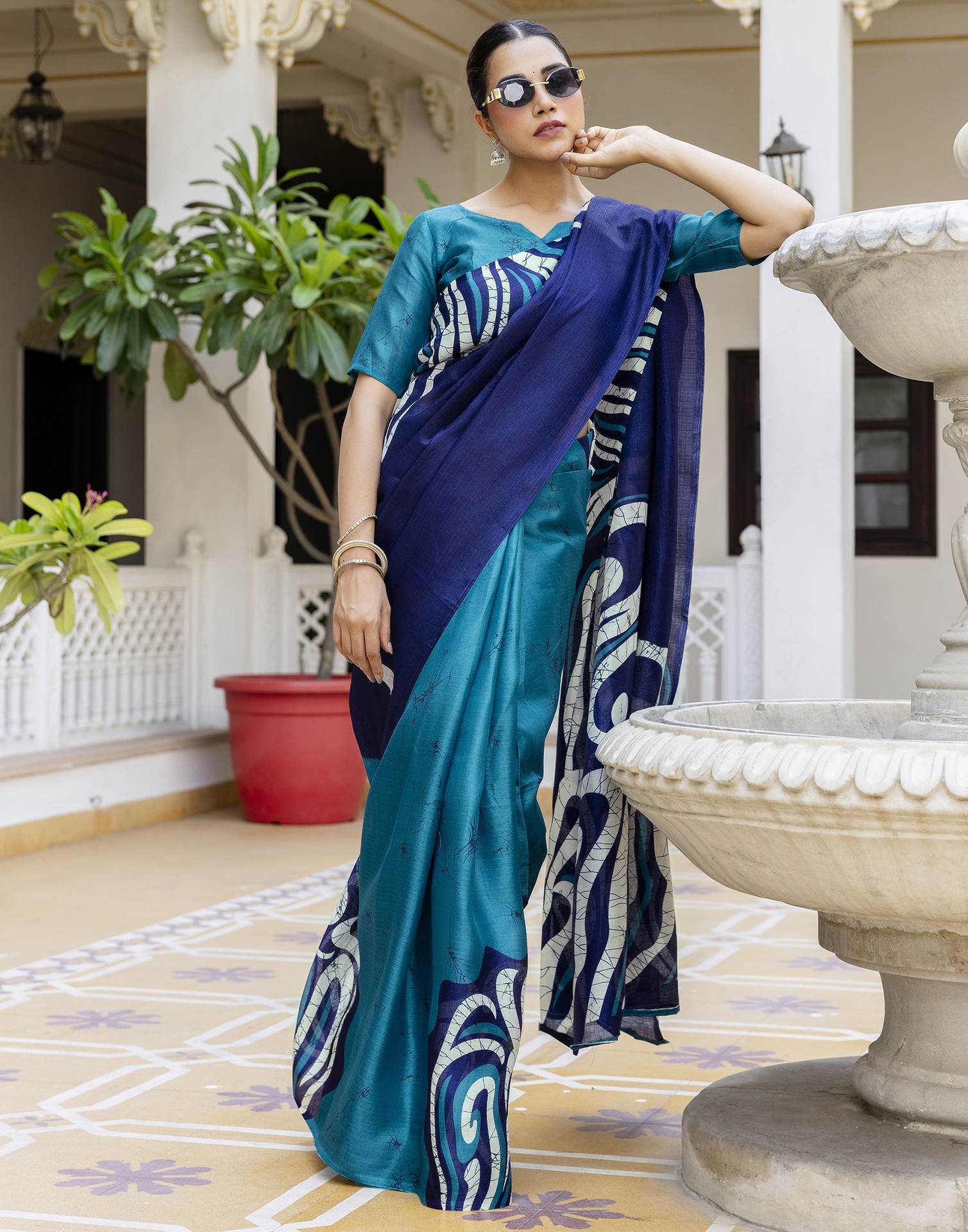 Teal Blue Khadi Printed Saree