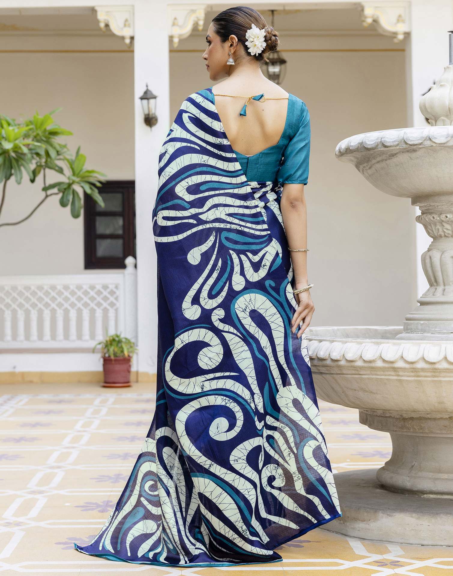 Teal Blue Khadi Printed Saree
