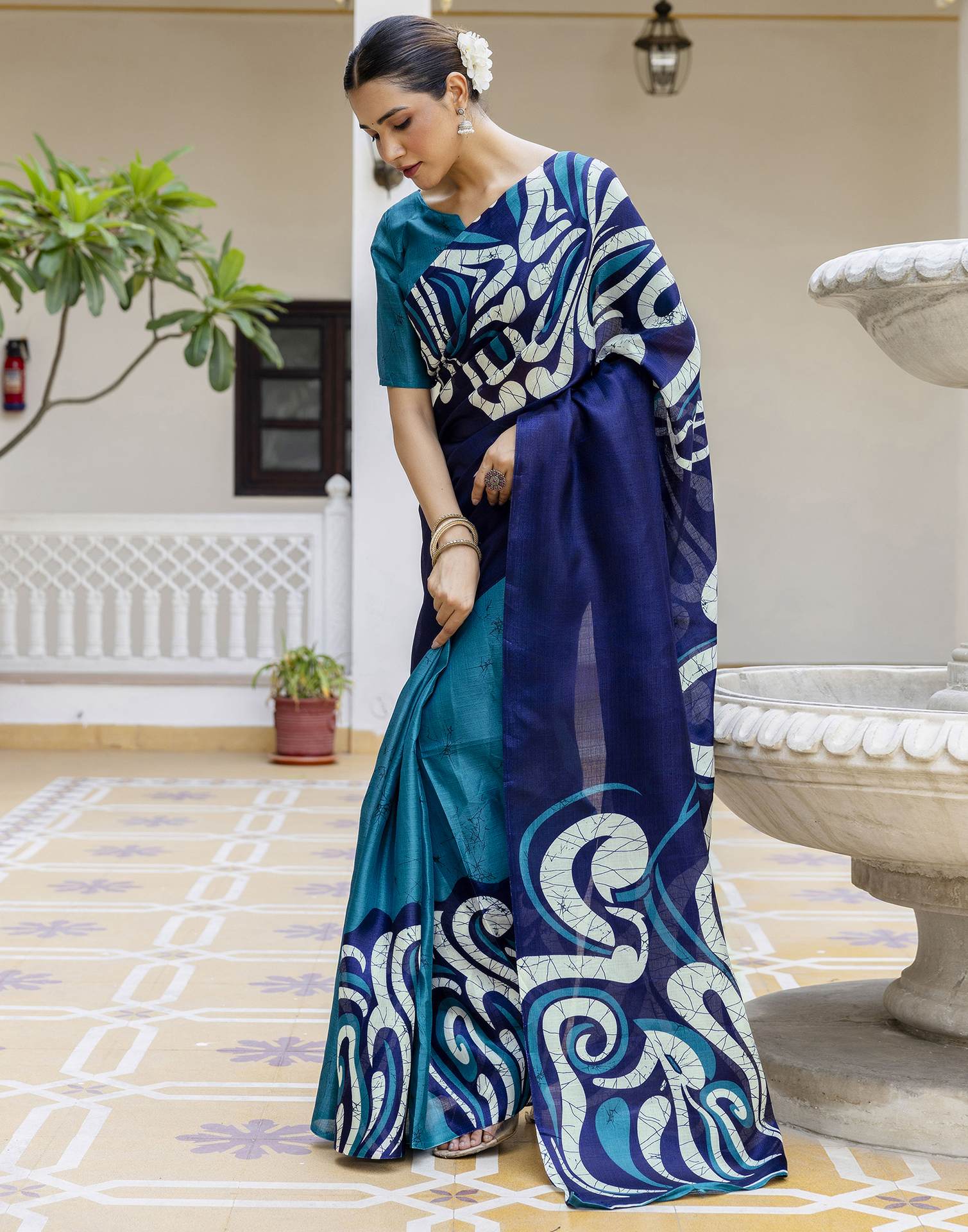 Teal Blue Khadi Printed Saree