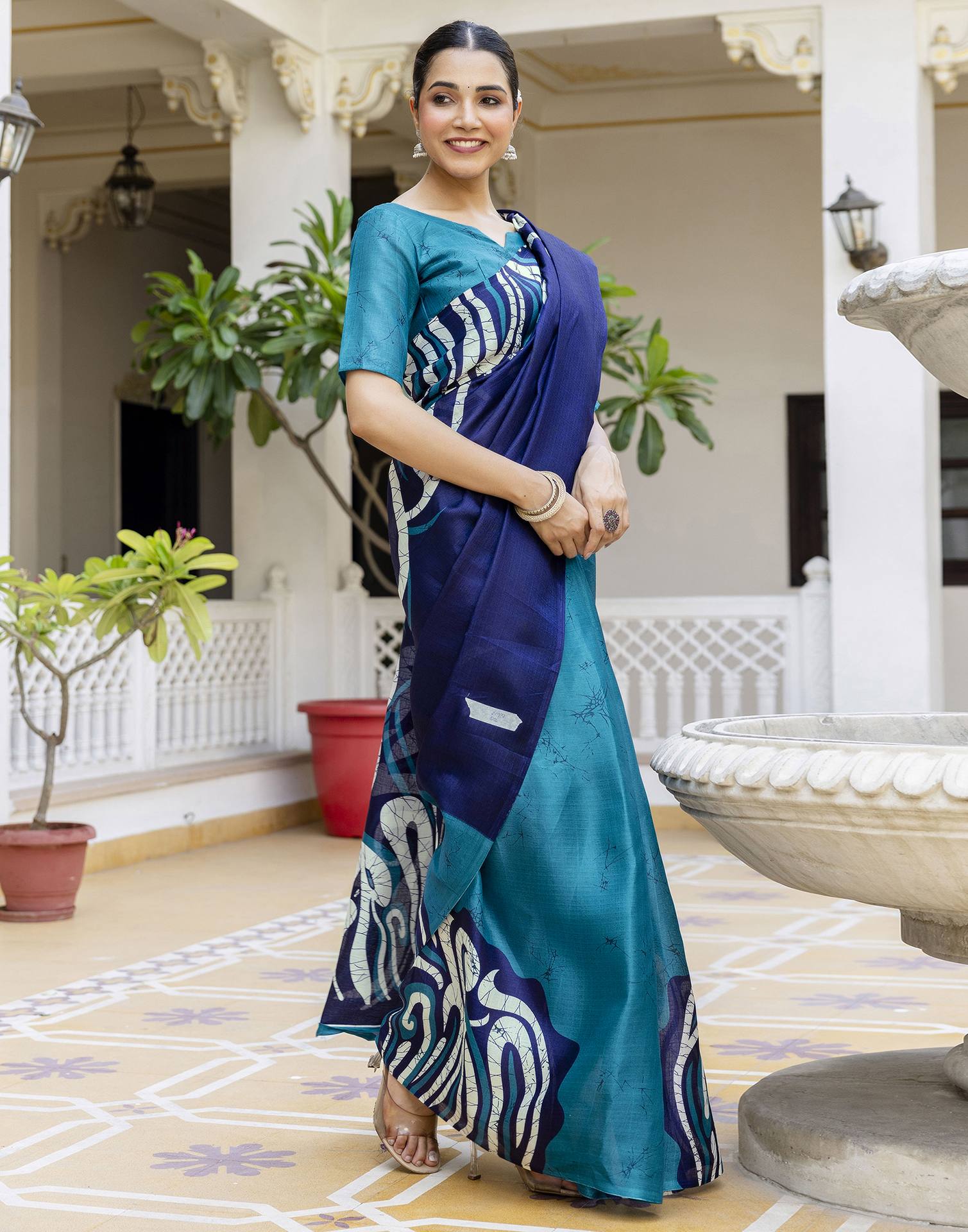 Teal Blue Khadi Printed Saree