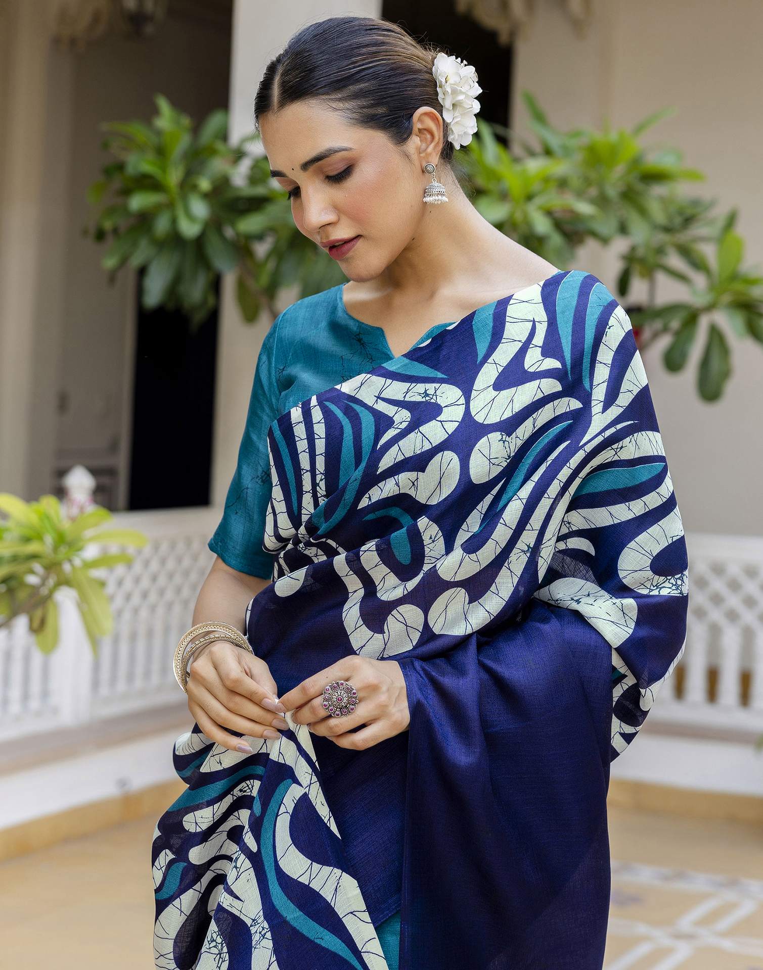 Teal Blue Khadi Printed Saree