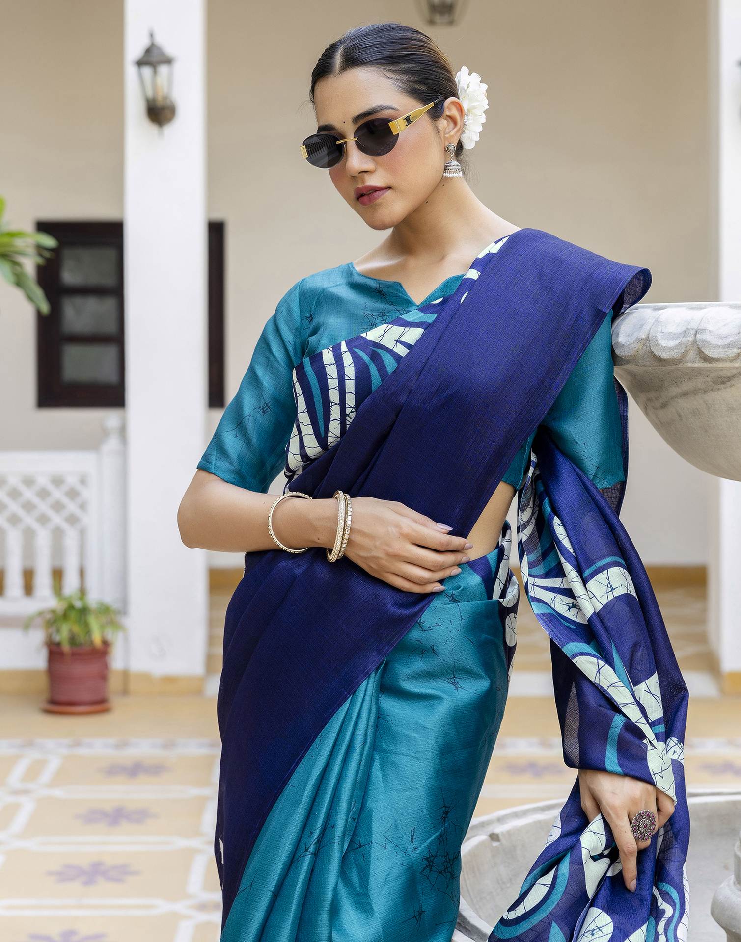 Teal Blue Khadi Printed Saree