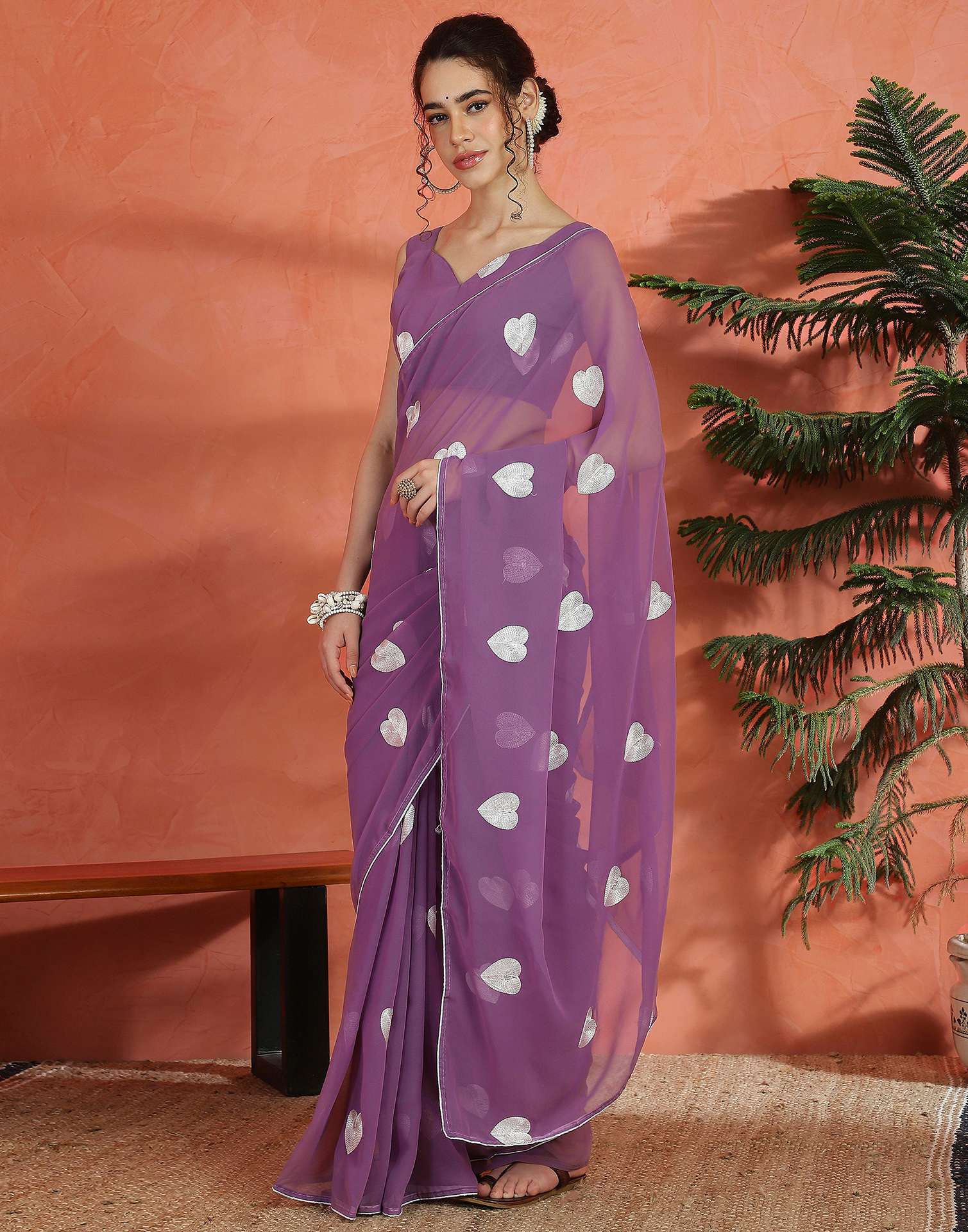 Dusty Purple Georgette Embroidery Saree