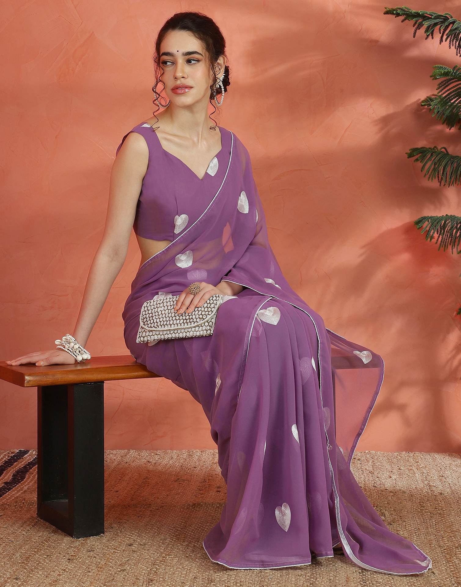 Dusty Purple Georgette Embroidery Saree