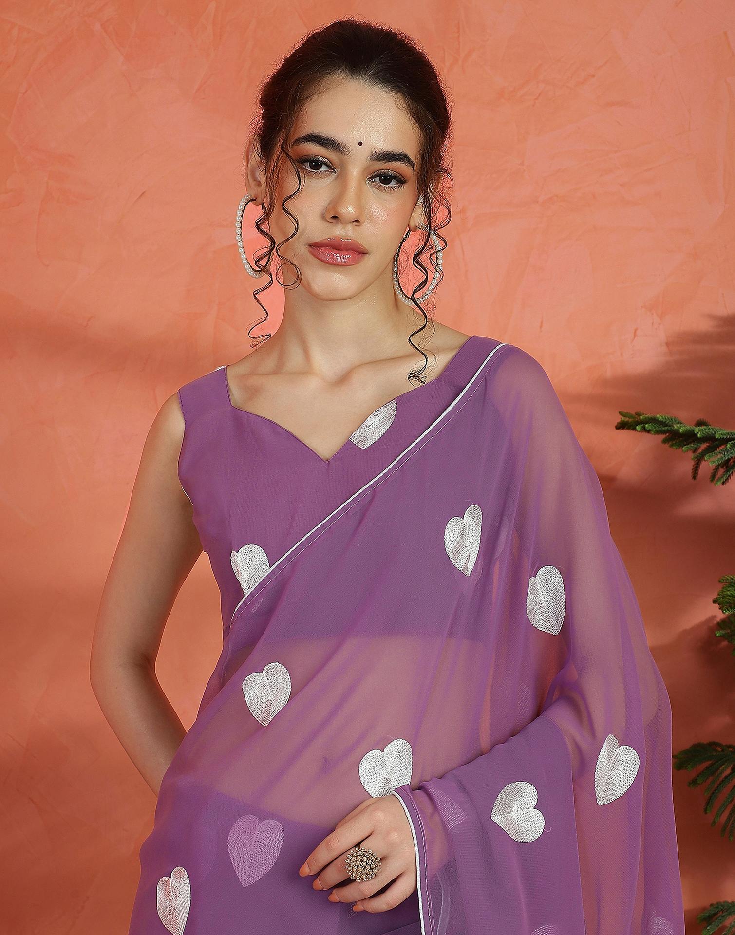 Dusty Purple Georgette Embroidery Saree