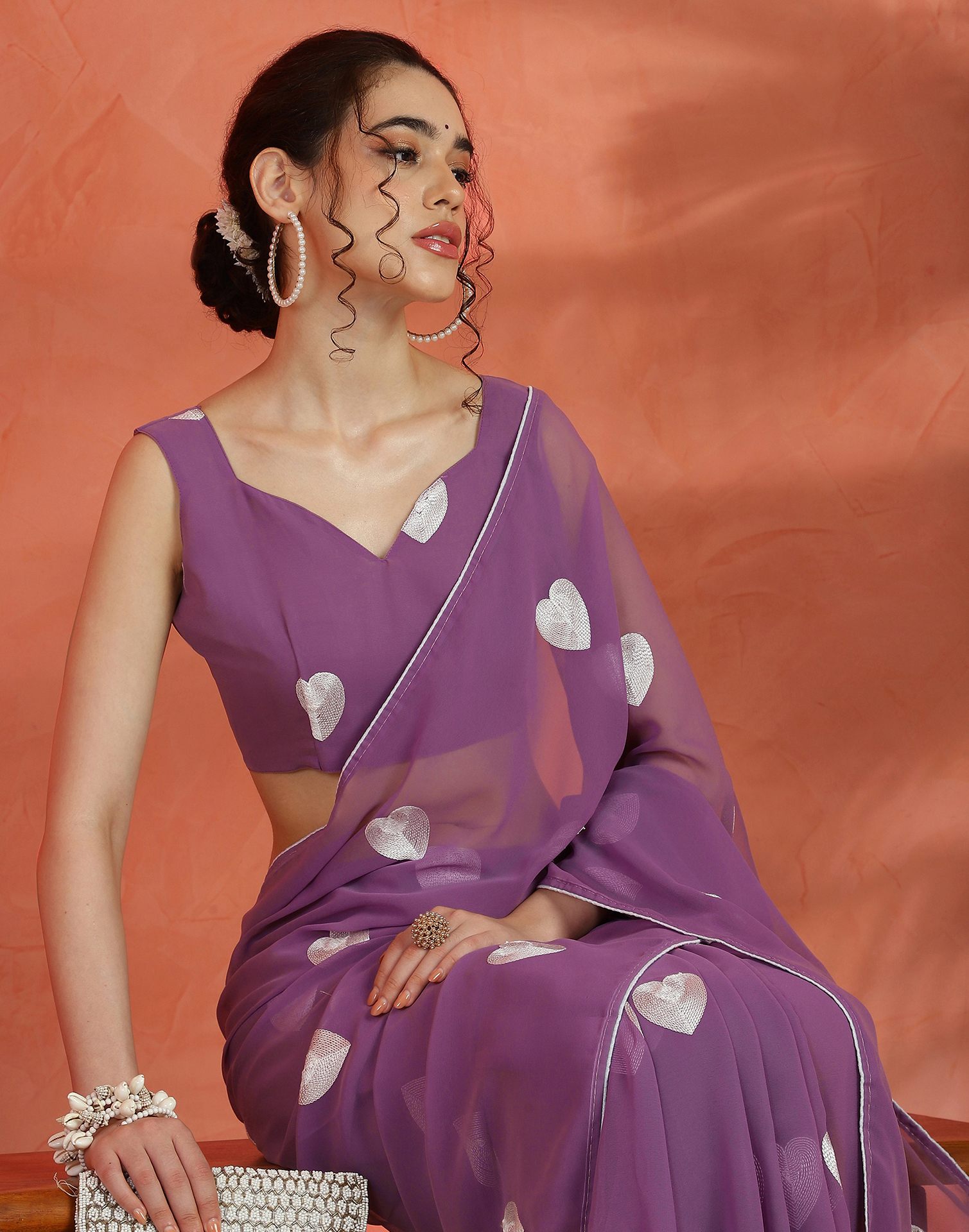 Dusty Purple Georgette Embroidery Saree