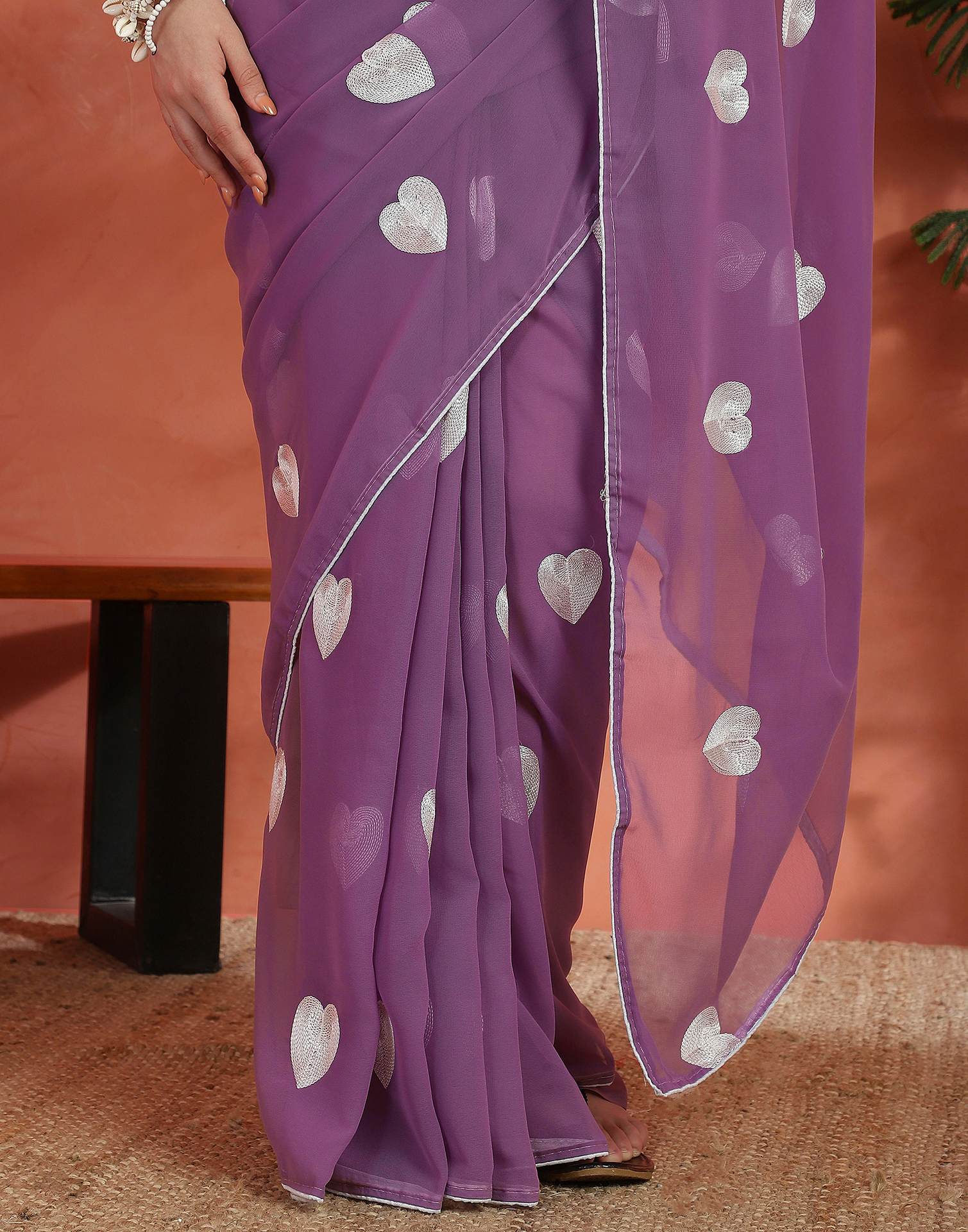 Dusty Purple Georgette Embroidery Saree