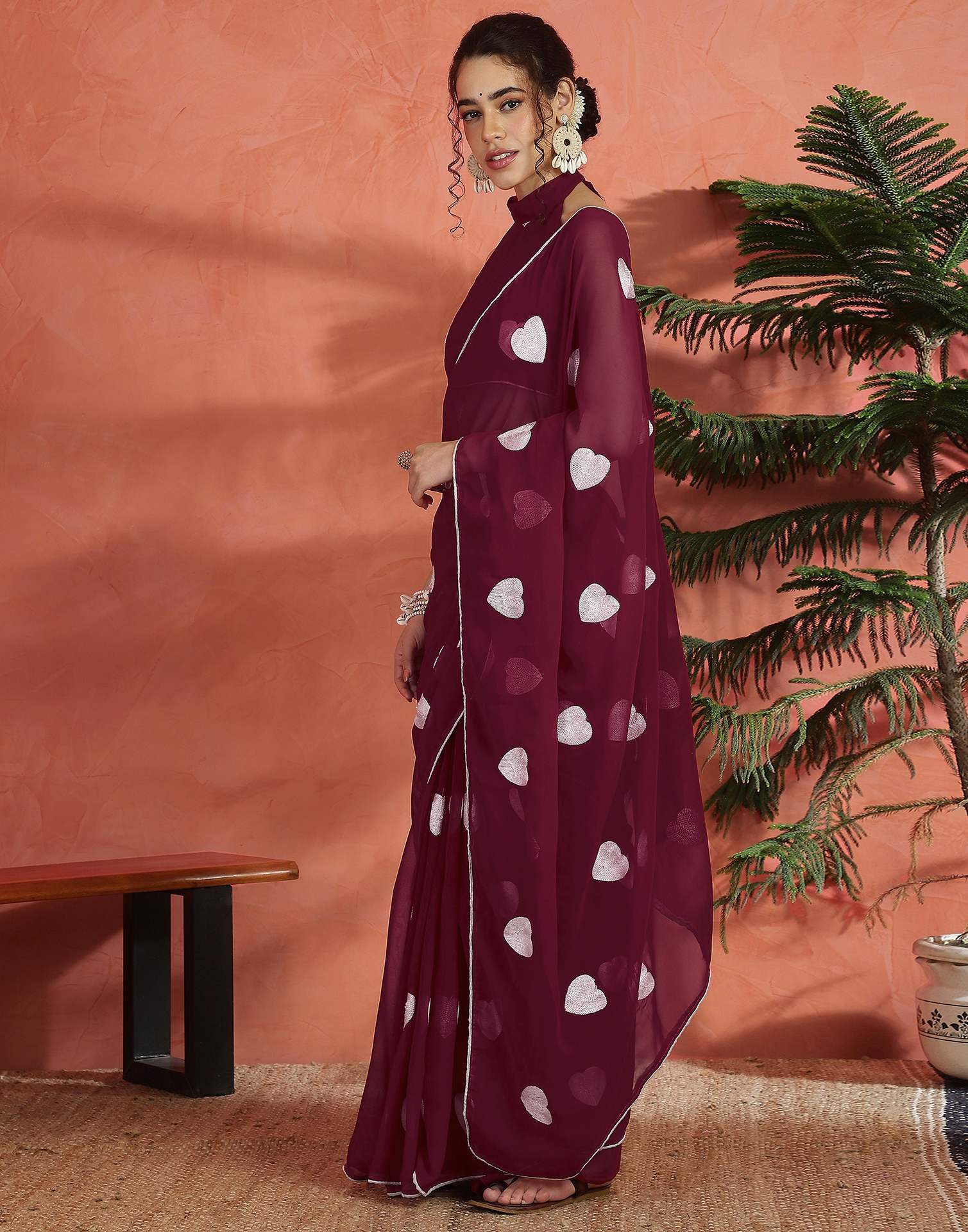 Wine Georgette Embroidery Saree
