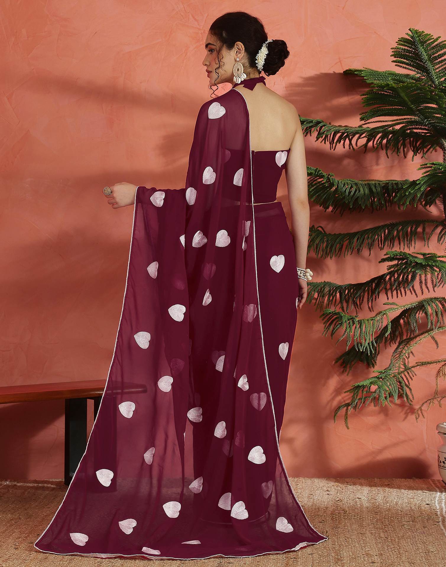 Wine Georgette Embroidery Saree