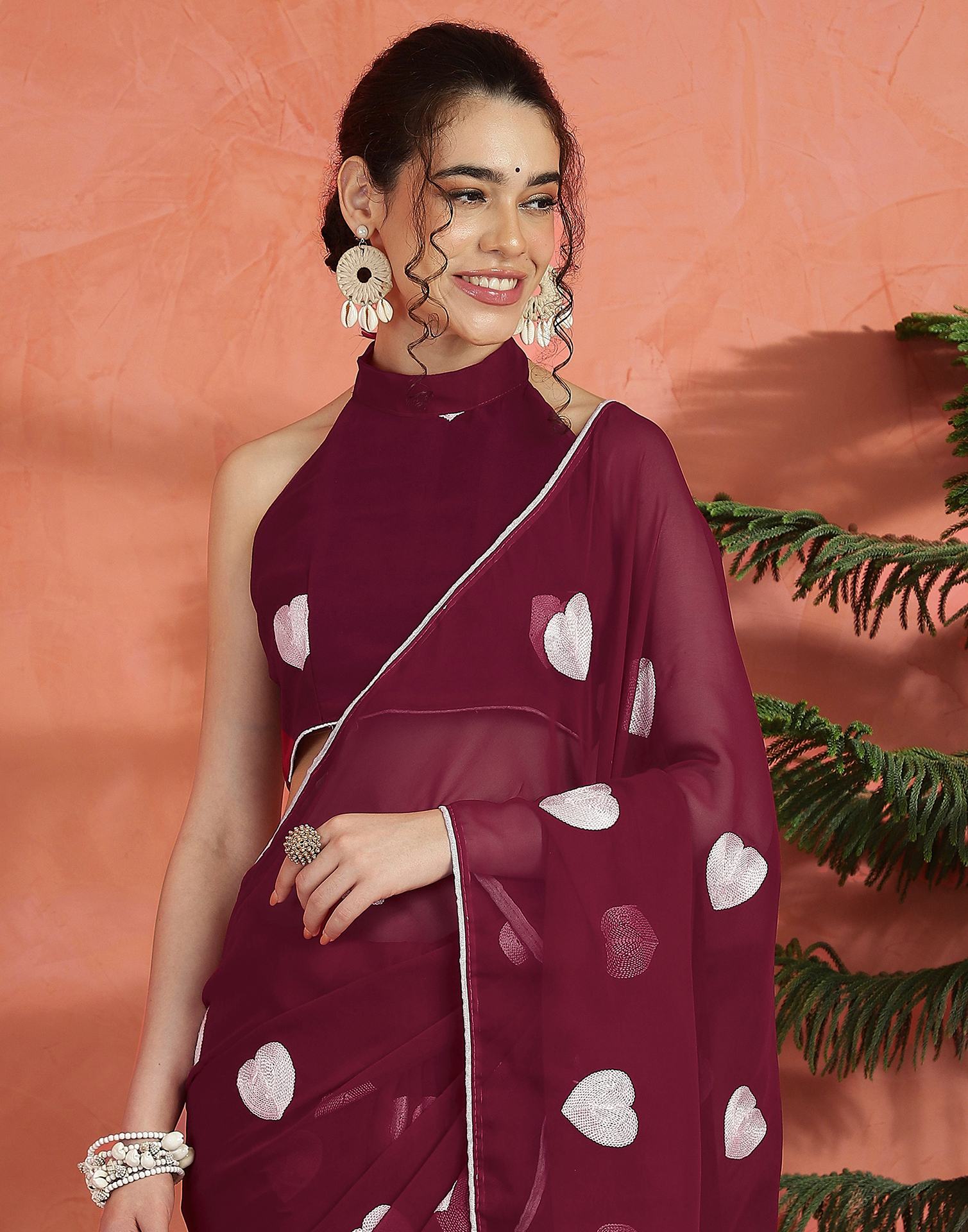 Wine Georgette Embroidery Saree