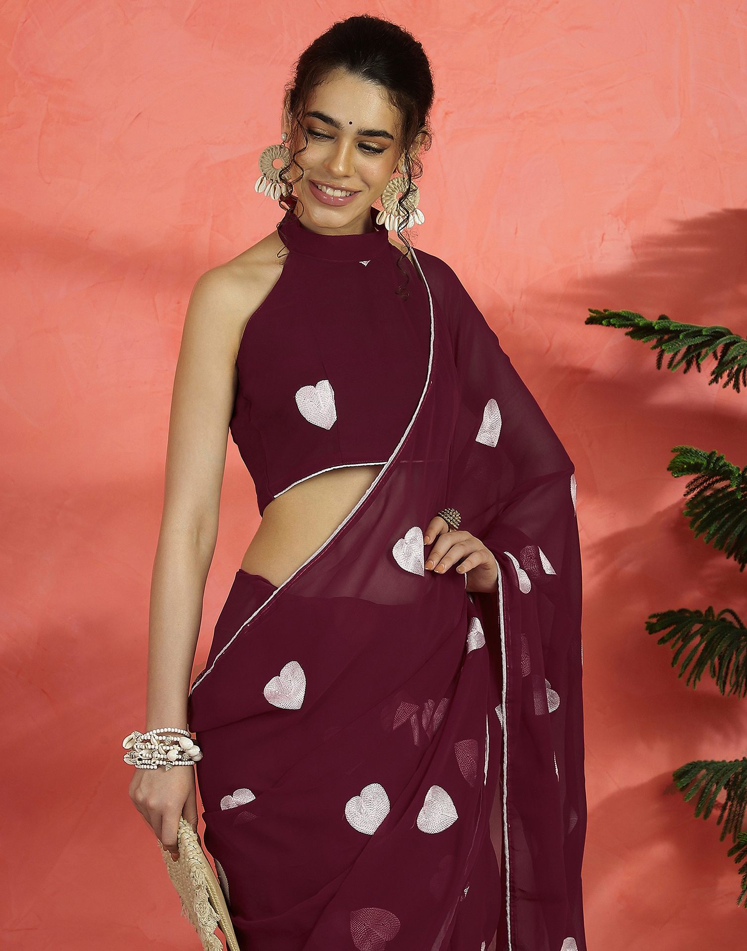 Wine Georgette Embroidery Saree