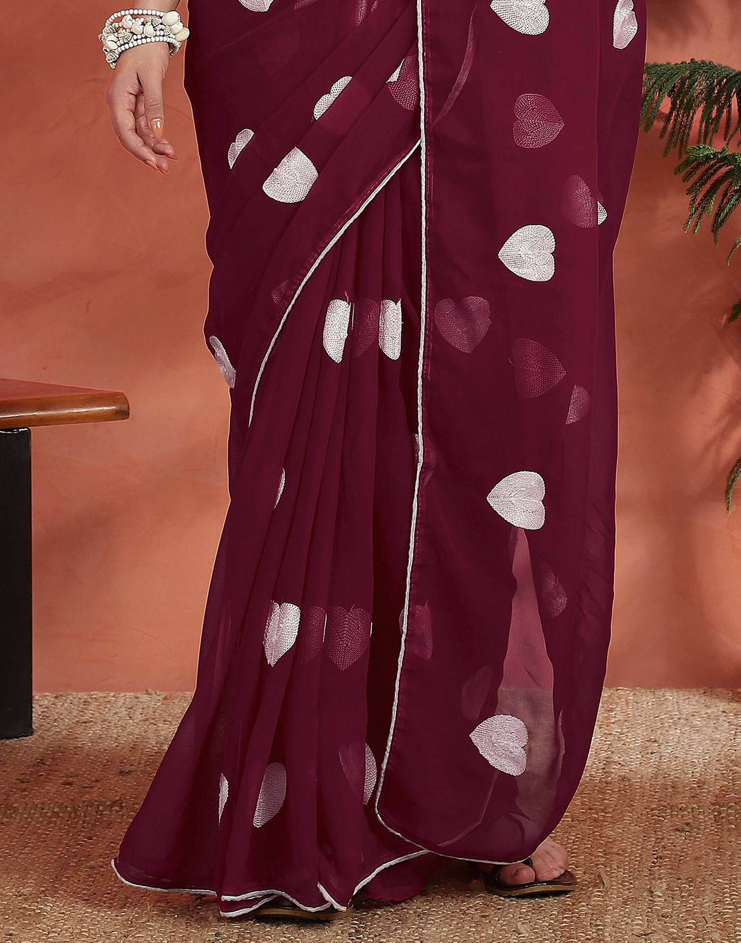 Wine Georgette Embroidery Saree
