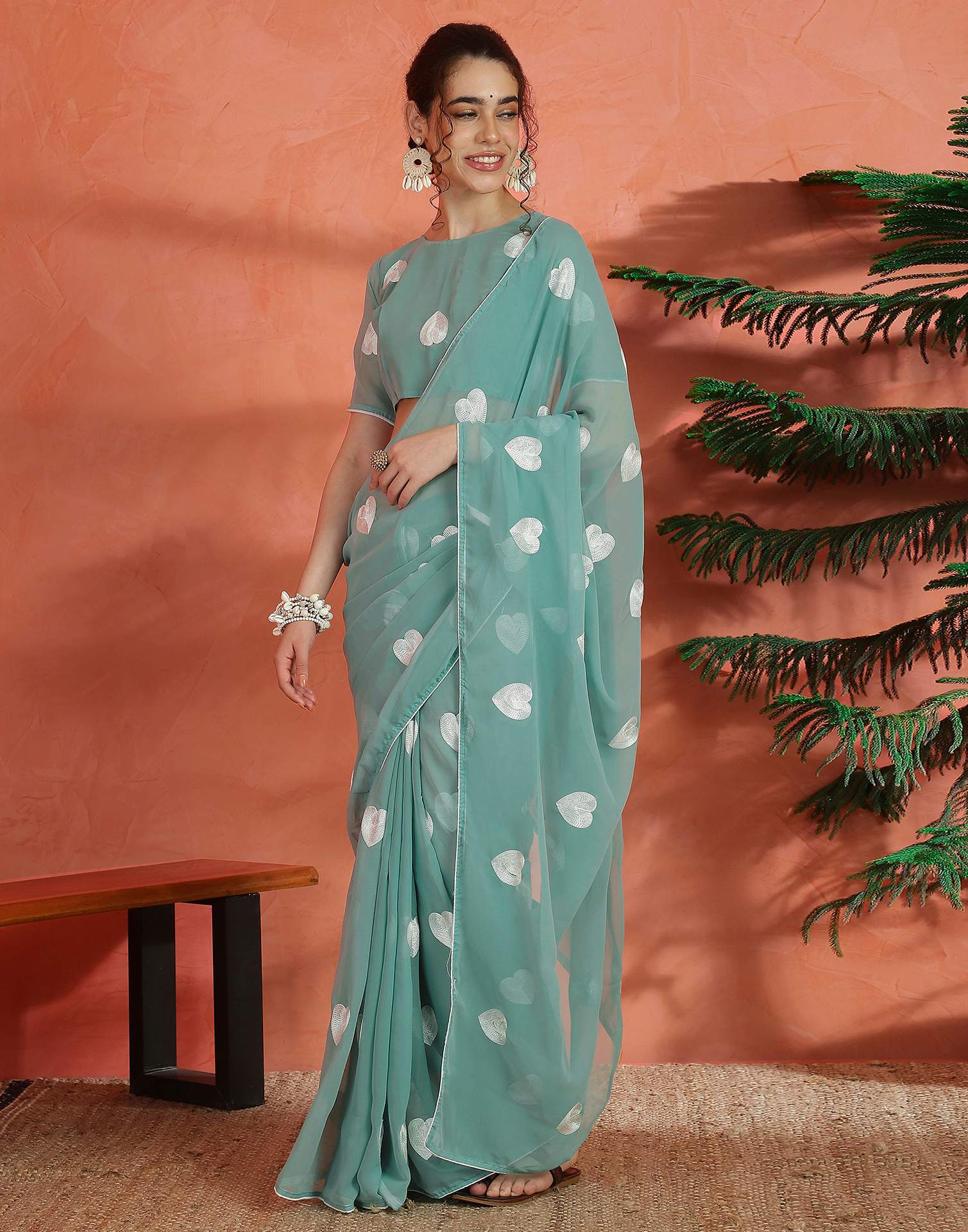 Mint Green Georgette Embroidery Saree